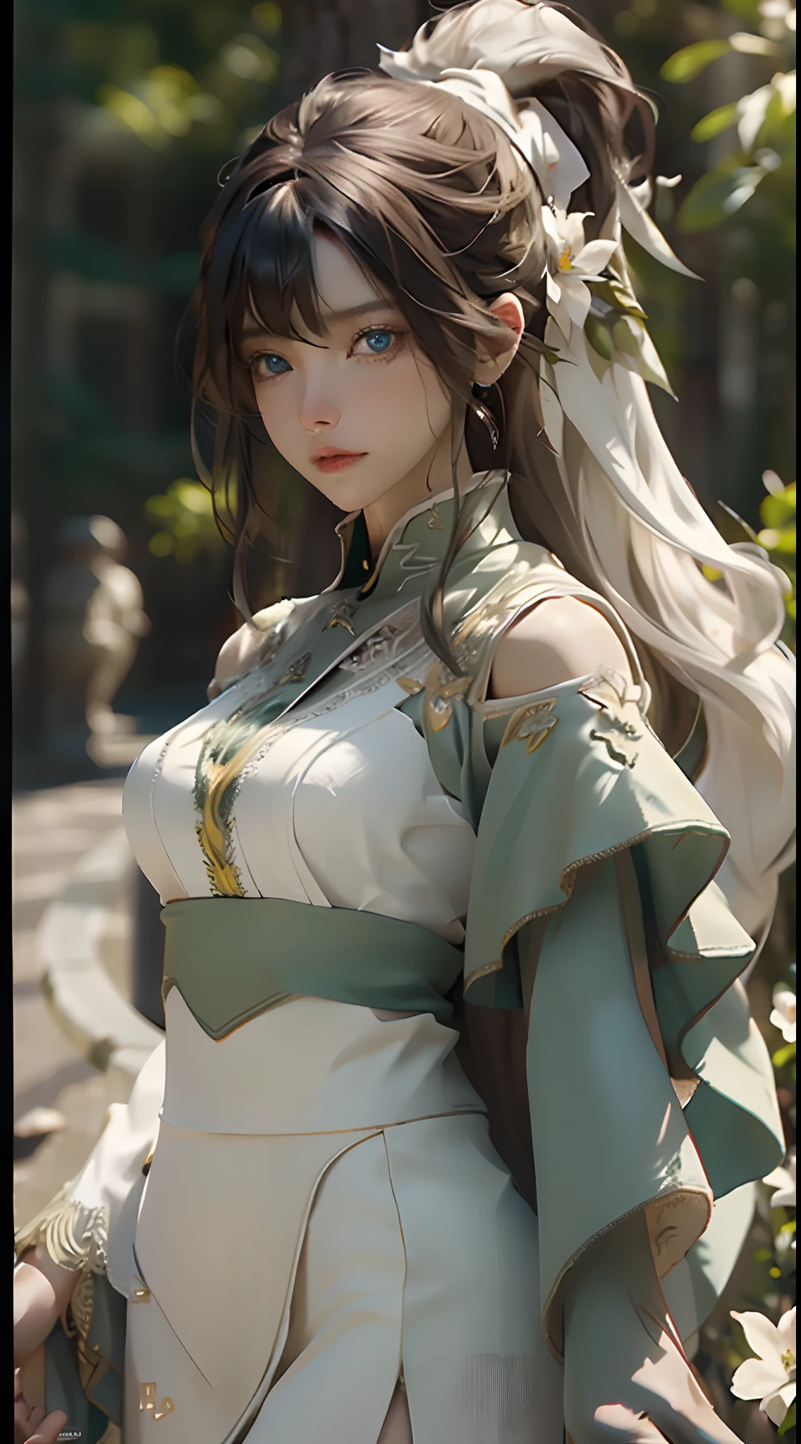 ((Best quality)), ((masterpiece)), (detailed:1.4), 3D, an image of a beautiful fantasy female,HDR (High Dynamic Range),Ray Tracing,NVIDIA RTX,Super-Resolution,Unreal 5,Subsurface scattering,PBR Texturing,Post-processing,Anisotropic Filtering,Depth-of-field,Maximum clarity and sharpness,Multi-layered textures,Albedo and Specular maps,Surface shading,Accurate simulation of light-material interaction,Perfect proportions,Octane Render,Two-tone lighting,Wide aperture,Low ISO,White balance,Rule of thirds,8K RAW, Beautiful woman , green eyes , long hair , black hair , hair in a ponytail , mature woman , a lacy White top , crop top , a lacy white skirt . Yellow flower in her hair