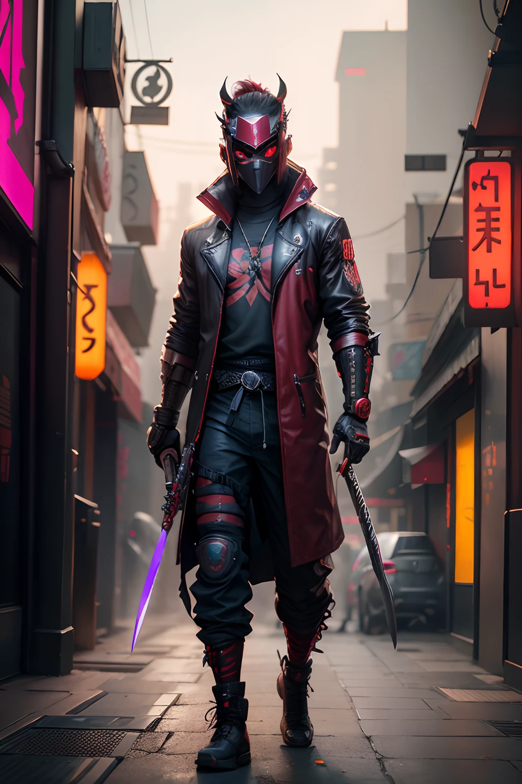 Make a assassin with a oni mask, cyberpunk samurai, holding a cyberpunk katana, full body, full Character, cyberpunk 2077, Blade Runner 2049