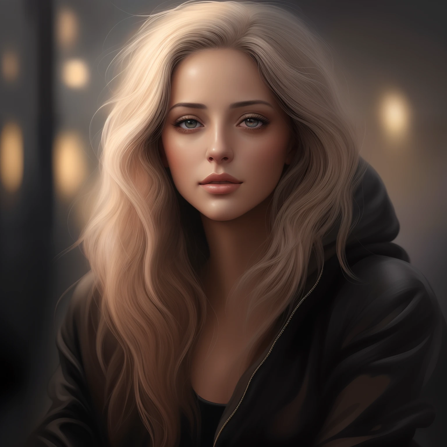 mulher loira com olhos azuis e cabelo longo em uma jaqueta preta, pintura digital realista, pintura digital impressionante, lindo pintura digital, Arte digital realista 4K, Arte digital realista 4K, pintura digital bonita, stunning digital illustration, pintura digital de alta qualidade, pintura digital ultra realista, pintura digital fotorrealista, pintura digital detalhada, bela arte digital, realistic digital illustration