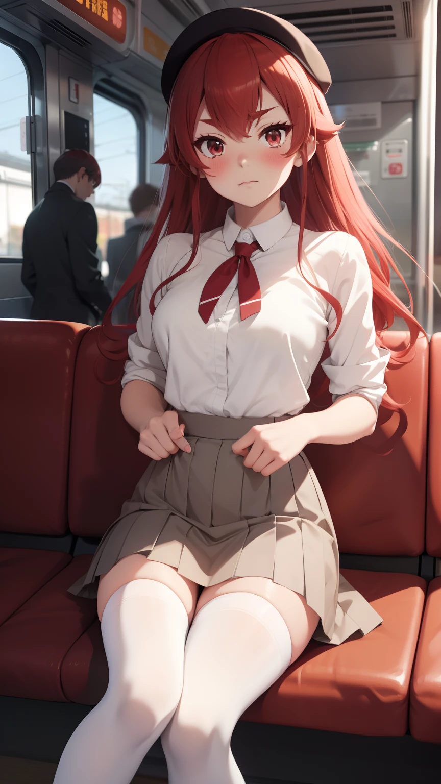 red orange long hair、Green skirt、hi-school girl、Star-shaped hair ornament、Pink cardigan、red blush、embarassed face、red blush、Teary-eyed、Solo、(no bra),(no panties),(pussy juice)、(pussy juice),(Masturbate),dildo in the vagina,toilet room