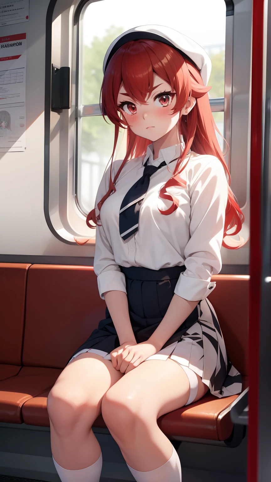 embarrassed, blushing, shows white panties,white stockings, lifts her skirt with one hand, spread-legged position in train seat, knees apart, red hair,  　school  uniform　mini-skirts　Hi-Res　1girl in　Cute anime illustration