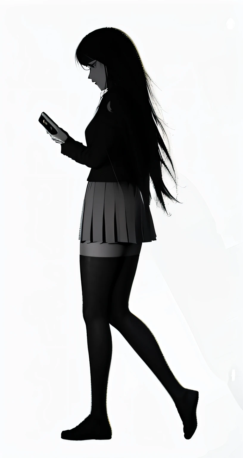 Silhouette of woman walking while looking at mobile phone, anime girl wearing a black dress, full body profile pose, tall female emo art student, render of mirabel madrigal, Black Anime Manga Girl, 3d anime girl, anime full body illustration, anime vtuber full body model, Anime Girl with Long Hair, single character full body, yandere. tall