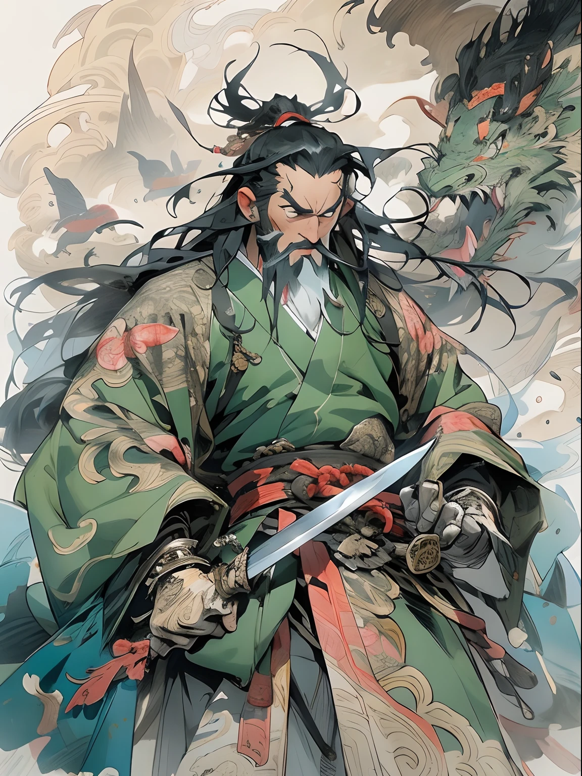 (((China-style，Ink painting method，Half-length portrait，Intense color，Han dynasty, China，Hanfu，Armor，Guan yu，Guan Yunchang，of a guy，Ruddy killing square face，Hold the Blue Dragon Moon Knife in his right hand，Stroke your beard with your left hand，Long hair，petty eyes，Green robe))), (((best qualityer))), (((tmasterpiece))), (((AS-Adult))), ((( Japanese ))), Look up from your knees, Handsome Asian samurai，perfect body figure, Modern samurai, ((( Asian))), Wear gloves on your hands，The left arm is made of steel and metal tips，Made of protective devices, The eyes are pulled, (( Appears below the chest )), (( Small dental floss )), Simon Bisley, Almost naked（Simon Bisley）Castle City Wilderness，For high-resolution posters, hair straight, Minimum clothing, armure (Crazy clothes ), Full of tips and rivets, tribal tattoos, (((full bodyesbian))), Straight brunette hair，Colored hair ends