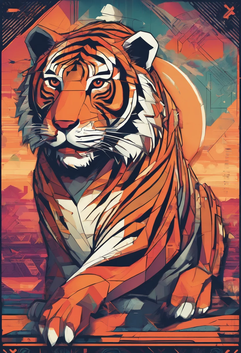 (nvinkpunk:1.2) (snthwve style:0.8) tiger, anthro, lightwave, sunset, intricate, highly detailed