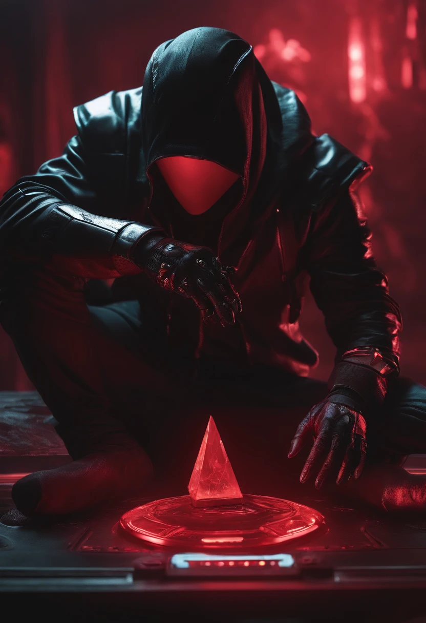 Cyberpunk Hacker, holding in his hands facing the camera an Obsidian stone, Crimson Red Compressed Suit, cinematic, 4k, zoom