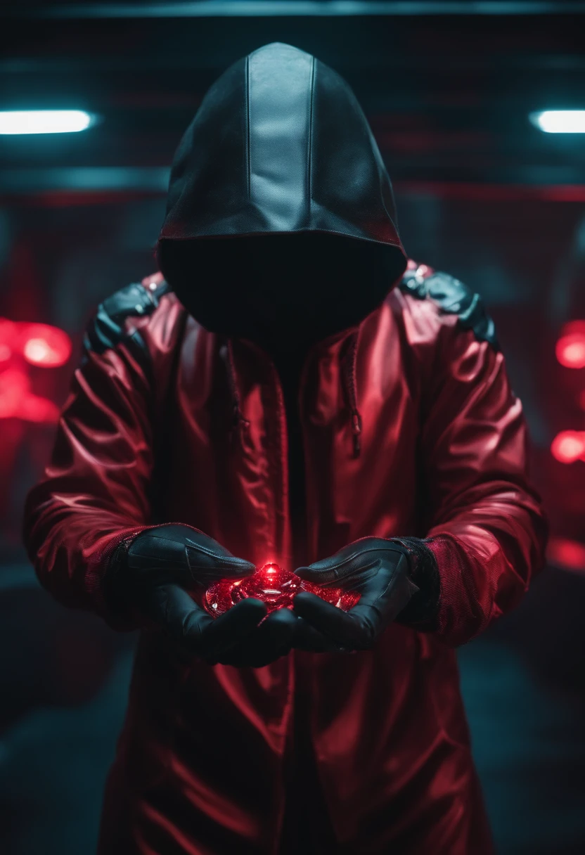 Cyberpunk Hacker, holding in his hands facing the camera an Obsidian stone, Crimson Red Compressed Suit, cinematic, 4k, zoom