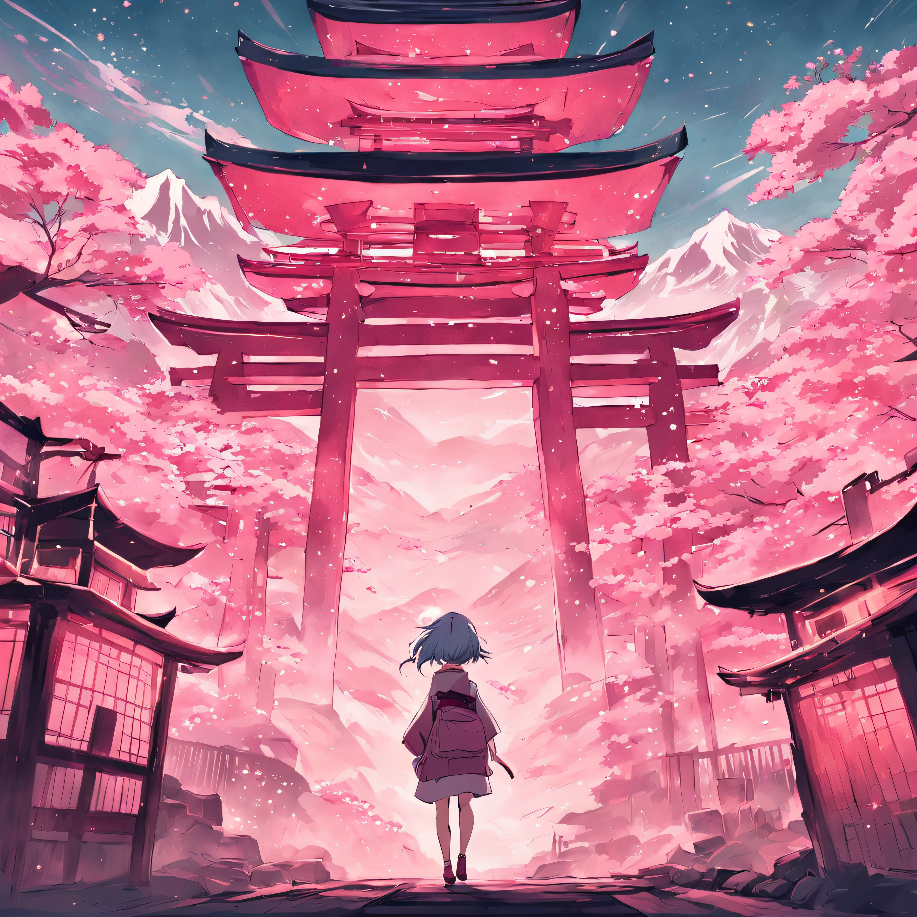 Poster with Japan buildings and mountains in the background, In the style of light teal and dark pink, Traditional animation, Trip, Layered Images, traditional, vintage images, cherryblossom