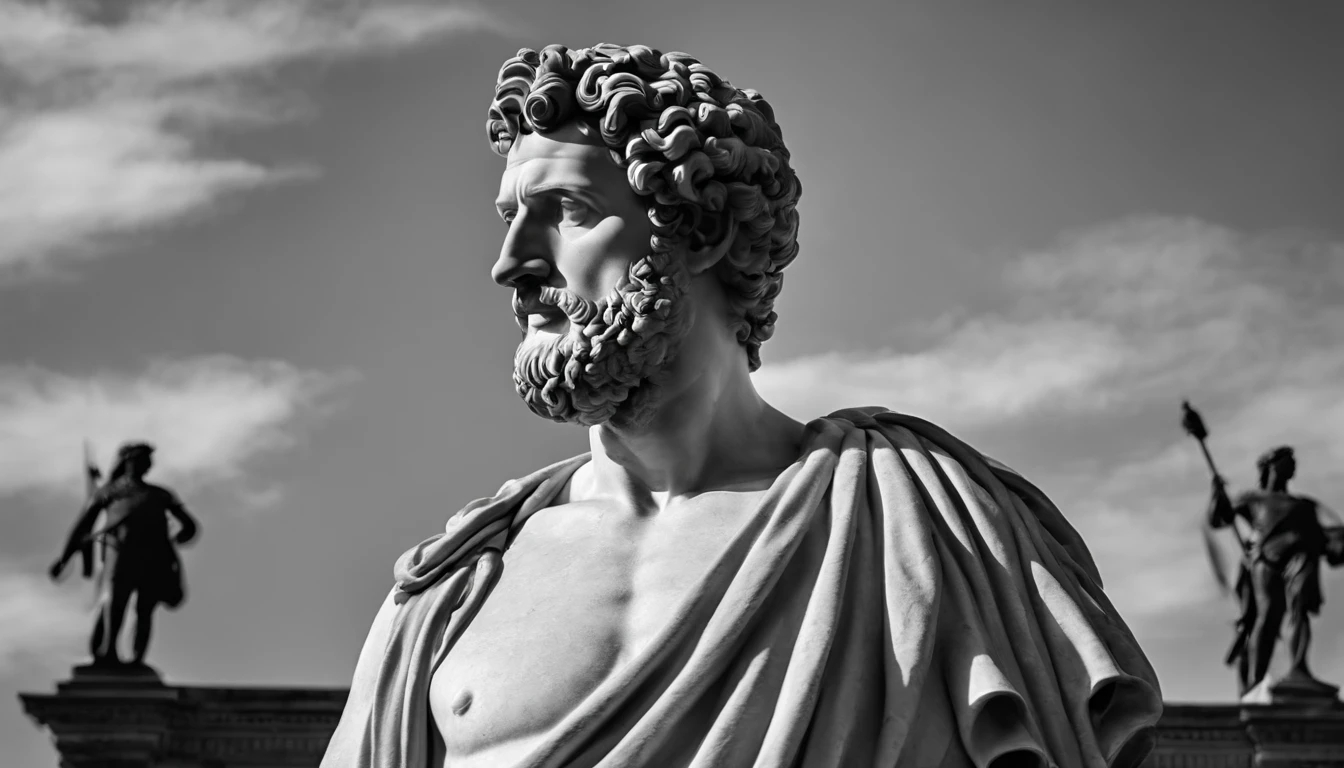 a portrait statue of the stoic Marcus Aurelius in black and white 4K,Face de lado, papel de parede super realista , sem camisa, Sintura,corpo forte,strong upper arms,