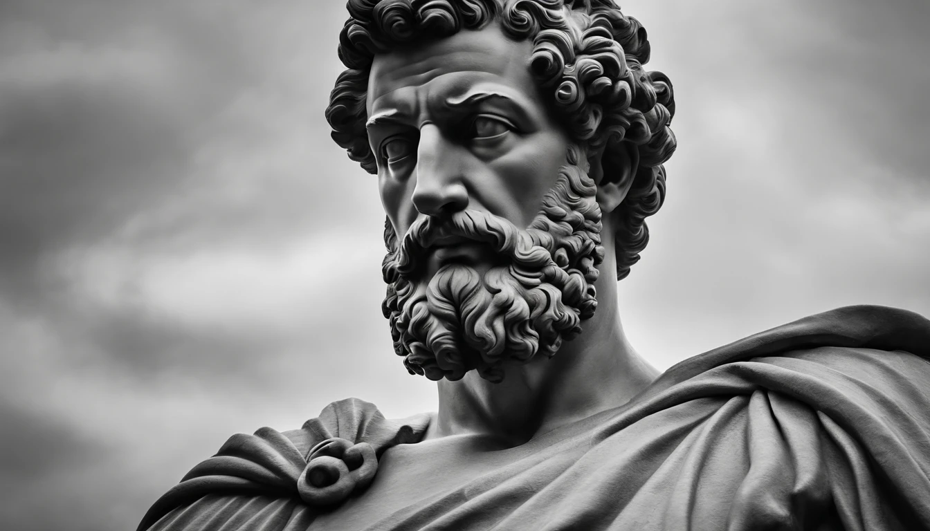 a portrait statue of the stoic Marcus Aurelius in black and white 4K,Face de lado, papel de parede super realista , sem camisa, Sintura,corpo forte,strong upper arms,tronco forte