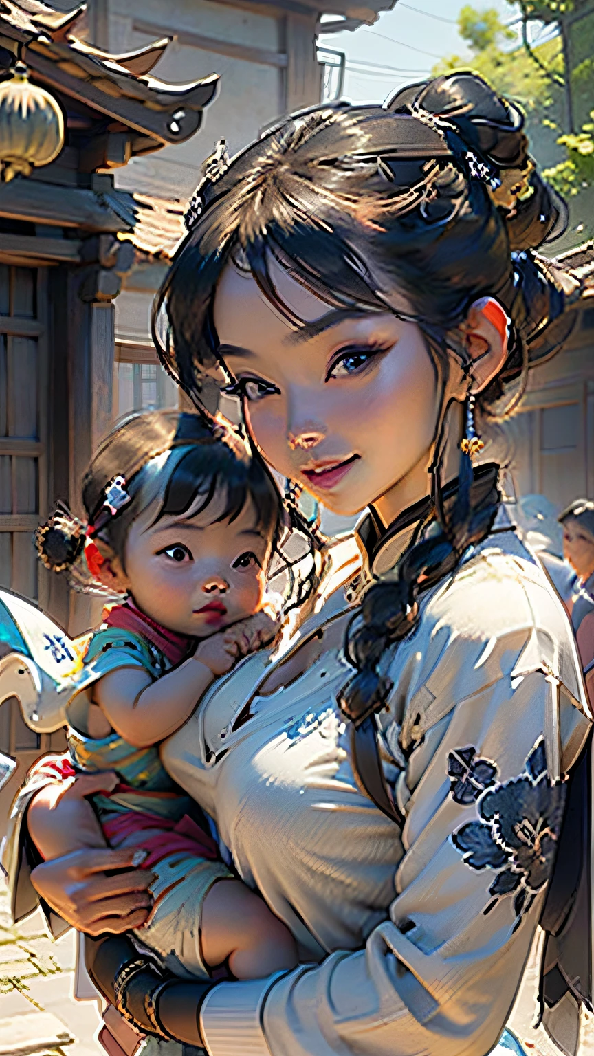 {{Masterpiece, Best Quality, extremely detailed CGI, Unity 8k壁纸, Cinematic lighting}}, Traditional Chinese ink painting, 1girl, 1 , Young woman holding baby ir arms, full - body, Ancient architecture, blue skies, Sunny day, Wooden architecture, Outstanding protagonist, Smile, big eyes, beautiful detail eyes, (big breasts, cleavage), round ass, looking at the audience, long eyelashes,