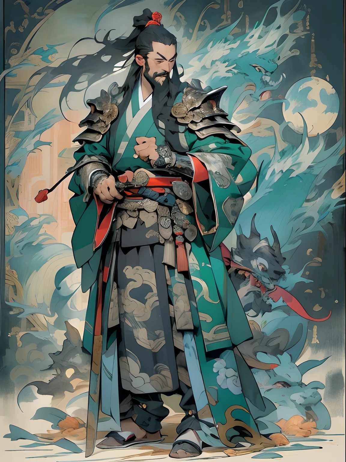 (((China-style，Ink painting method，Half-length portrait，Intense color，Han dynasty, China，Hanfu，Armor，Guan yu，Guan Yunchang，of a guy，Ruddy killing square face，Hold the Blue Dragon Moon Knife in his right hand，Stroke your beard with your left hand，Long hair，petty eyes，Green robe))), (((best qualityer))), (((tmasterpiece))), (((AS-Adult))), ((( Japanese ))), Look up from your knees, Handsome Asian samurai，perfect body figure, Modern samurai, ((( Asian))), Wear gloves on your hands，The left arm is made of steel and metal tips，Made of protective devices, The eyes are pulled, (( Appears below the chest )), (( Small dental floss )), Simon Bisley, Almost naked（Simon Bisley）Castle City Wilderness，For high-resolution posters, hair straight, Minimum clothing, armure (Crazy clothes ), Full of tips and rivets, tribal tattoos, (((full bodyesbian))), Straight brunette hair，Colored hair ends