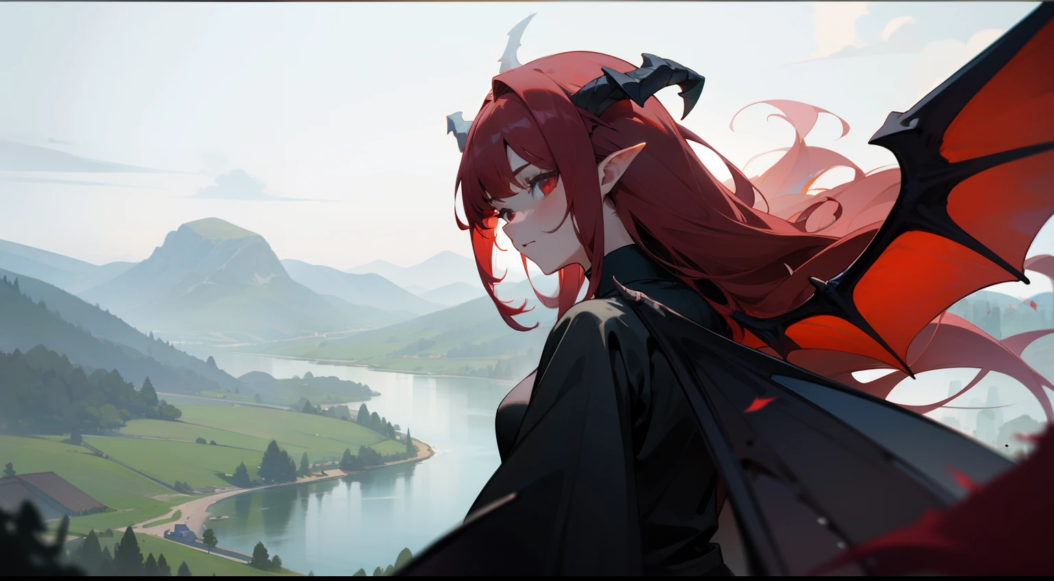 one-girl,black-clad,Red-haired demon,There is a pair of dragon wings on the back,Western fantasy,Fairytales,There is a pair of dragon horns on the head,Fly over the river,rios,On the river,Works of masters,A high resolution,Exquisite facial features