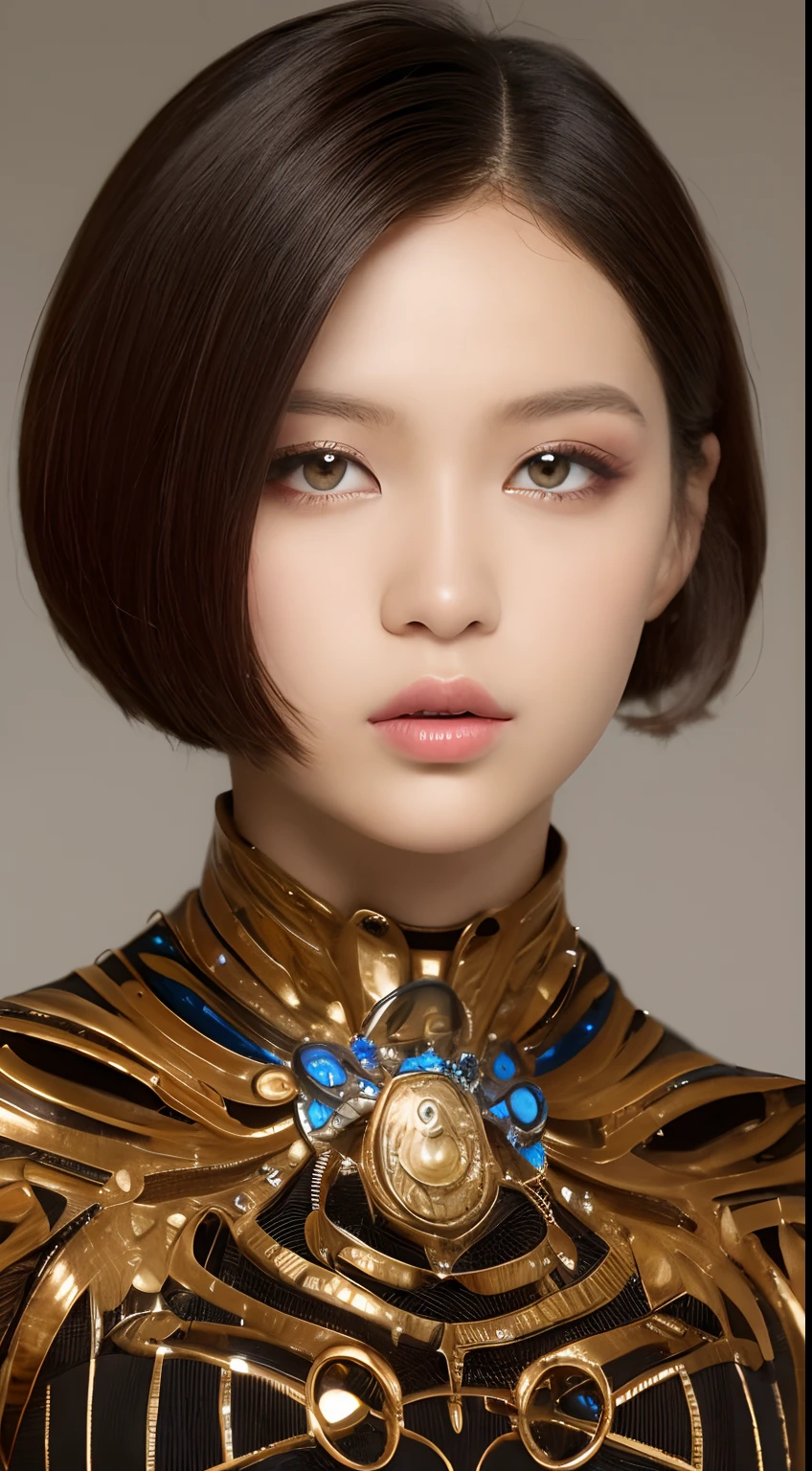 one African model ,Unique hair details, butterfly pattern Y2K fashion. Fairy like. Mechanical fashion, Near future, Curvilinear details , detailed eyes, double eyelid, plump lips, short hair, professional makeup, golden ratio, hyper res