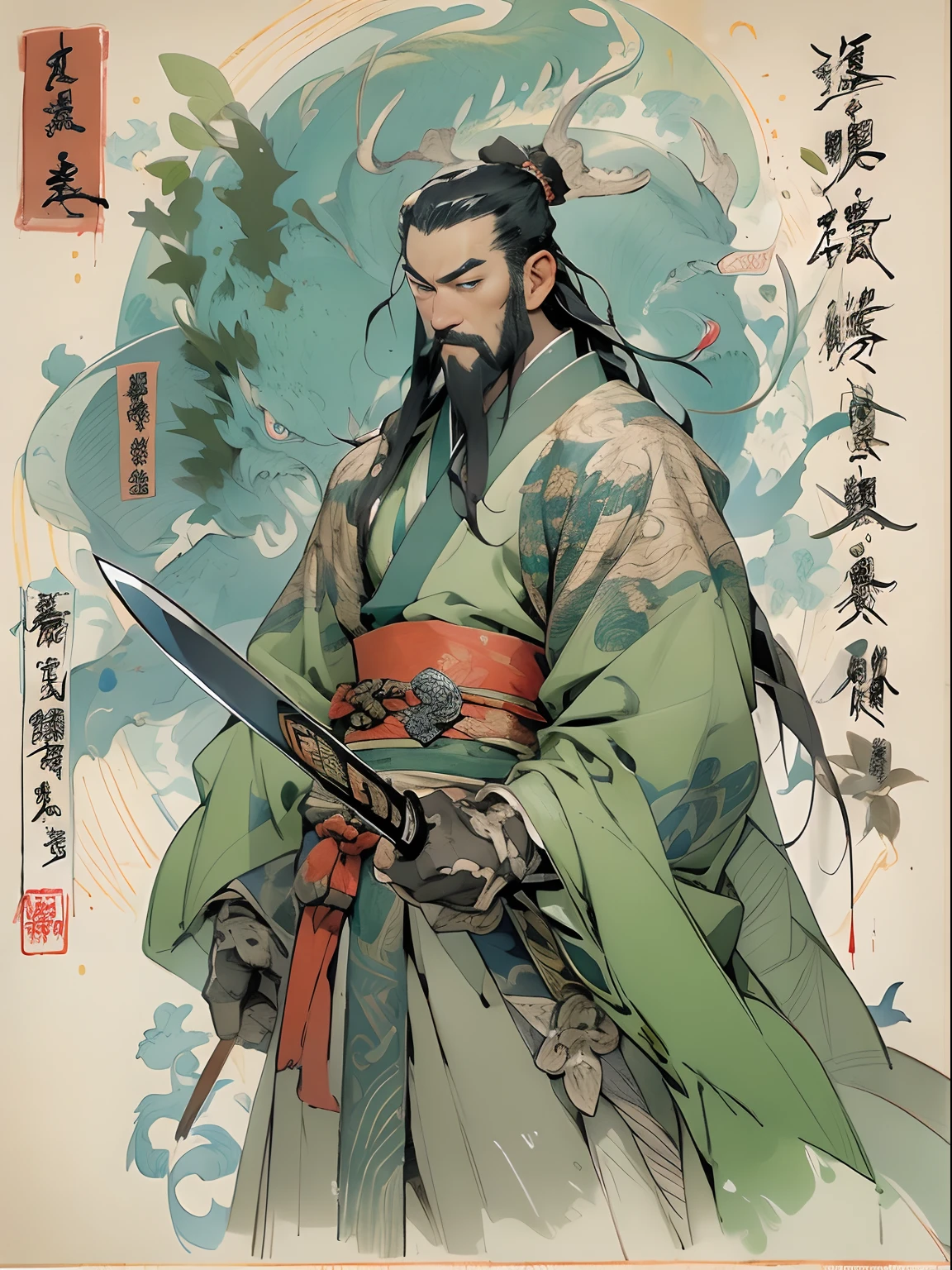 (((China-style，Ink painting method，Half-length portrait，Intense color，Han dynasty, China，Hanfu，Armor，Guan yu，Guan Yunchang，of a guy，Ruddy killing square face，Hold the Blue Dragon Moon Knife in his right hand，Stroke your beard with your left hand，Long hair，petty eyes，Green robe))), (((best qualityer))), (((tmasterpiece))), (((AS-Adult))), ((( Japanese ))), Look up from your knees, Handsome Asian samurai，perfect body figure, Modern samurai, ((( Asian))), Wear gloves on your hands，The left arm is made of steel and metal tips，Made of protective devices, The eyes are pulled, (( Appears below the chest )), (( Small dental floss )), Simon Bisley, Almost naked（Simon Bisley）Castle City Wilderness，For high-resolution posters, hair straight, Minimum clothing, armure (Crazy clothes ), Full of tips and rivets, tribal tattoos, (((full bodyesbian))), Straight brunette hair，Colored hair ends
