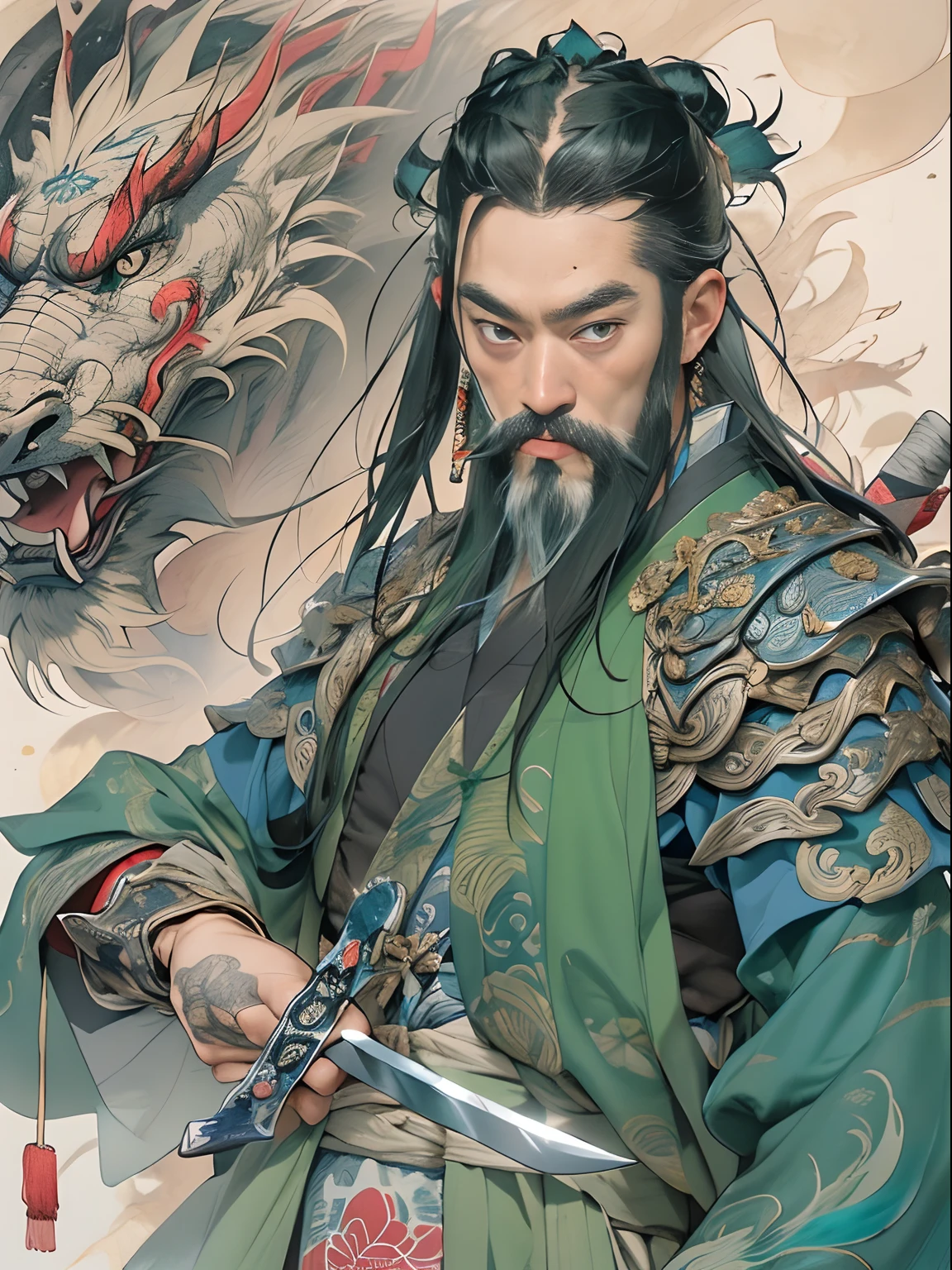 (((China-style,Ink painting method,Half-length portrait,Intense color,Han dynasty, China,Hanfu,Armor,Guan yu,Guan Yunchang,of a guy,Ruddy killing square face,Hold the Blue Dragon Moon Knife in his right hand,Stroke your beard with your left hand,Long hair,petty eyes,Green robe))), (((best qualityer))), (((tmasterpiece))), (((AS-Adult))), ((( Japanese ))), Look up from your knees, Handsome Asian samurai,perfect body figure, Modern samurai, ((( Asian))), Wear gloves on your hands,The left arm is made of steel and metal tips,Made of protective devices, The eyes are pulled, (( Appears below the chest )), (( Small dental floss )), Simon Bisley, Almost naked(Simon Bisley)Castle City Wilderness,For high-resolution posters, hair straight, Minimum clothing, armure (Crazy clothes ), Full of tips and rivets, tribal tattoos, (((full bodyesbian))), Straight brunette hair,Colored hair ends