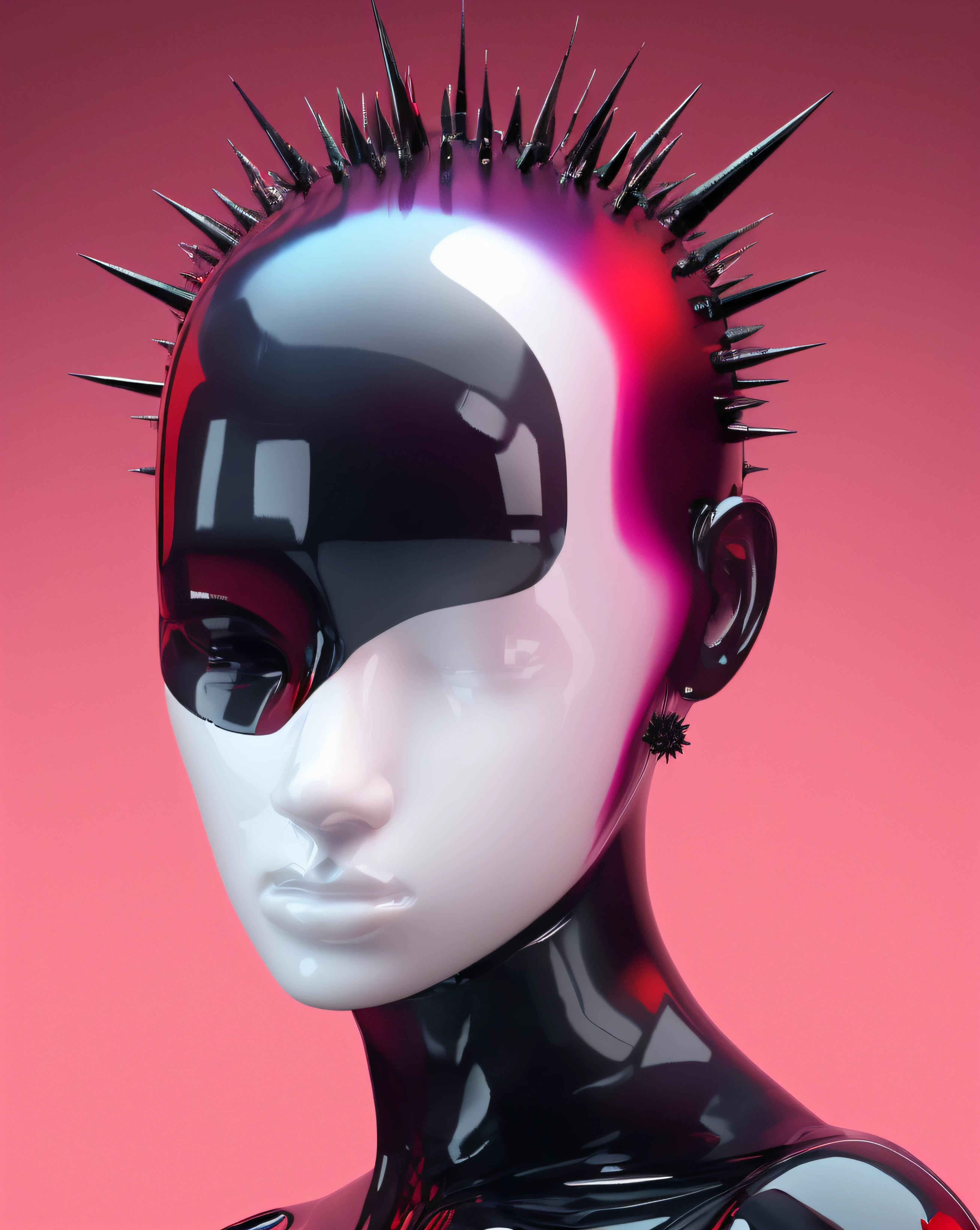 a white mannequin with black hair and a black headpiece with spikes on it's head, Beeple, cinema 4 d, cyberpunk art, net art , black_hair, closed_eyes, evening, gradient, gradient_background, pink_background, pink_theme, portrait, purple_sky, red_background, red_sky, solo