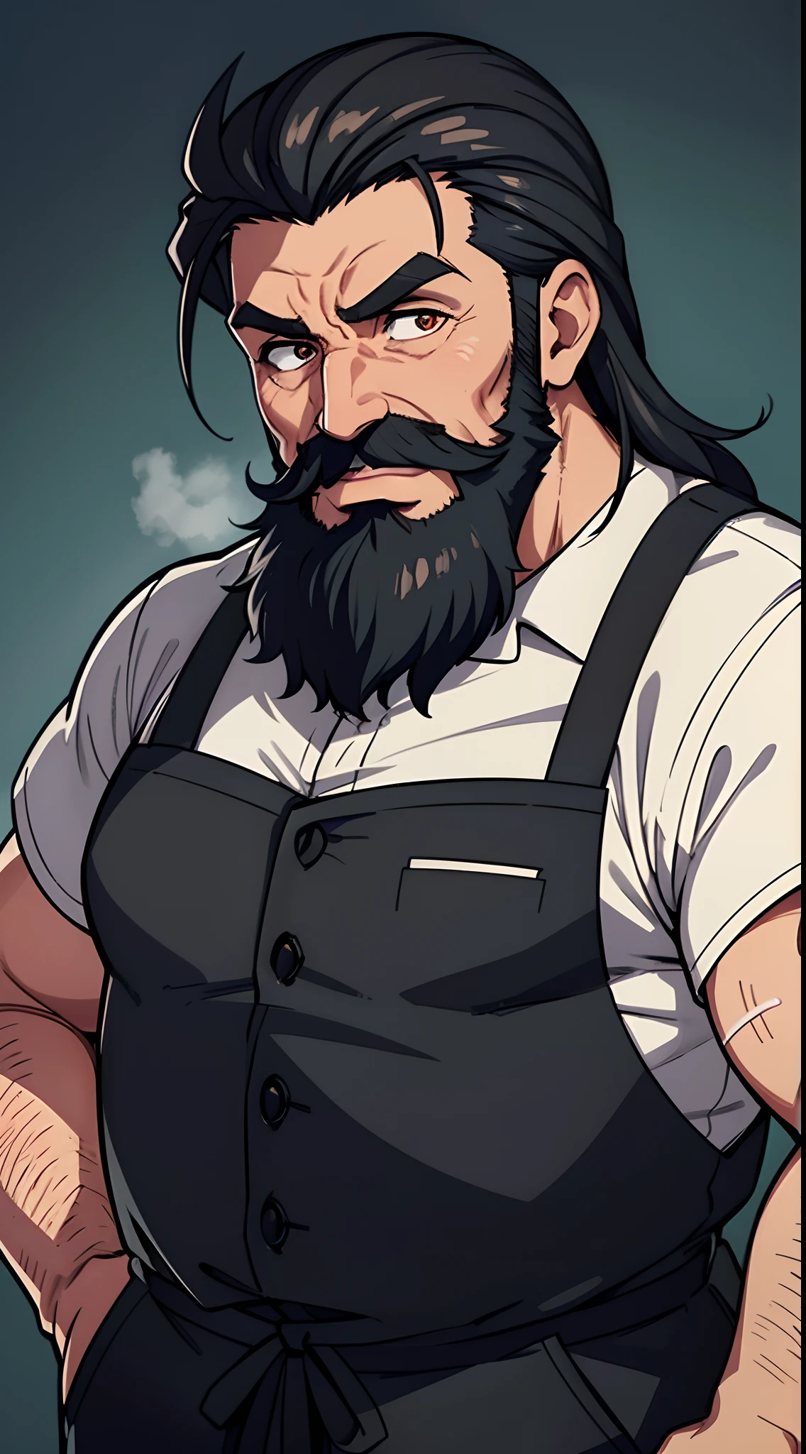 a 50 years old white man, thick hirsute dark mustache, dark bushy brow, long black greasy hair, tanned sweaty skin, green tattered work clothes, hard-working man, dramatic lighting, high resolution, 4k, bright colors, portrait, exausted, good-hearted, wise