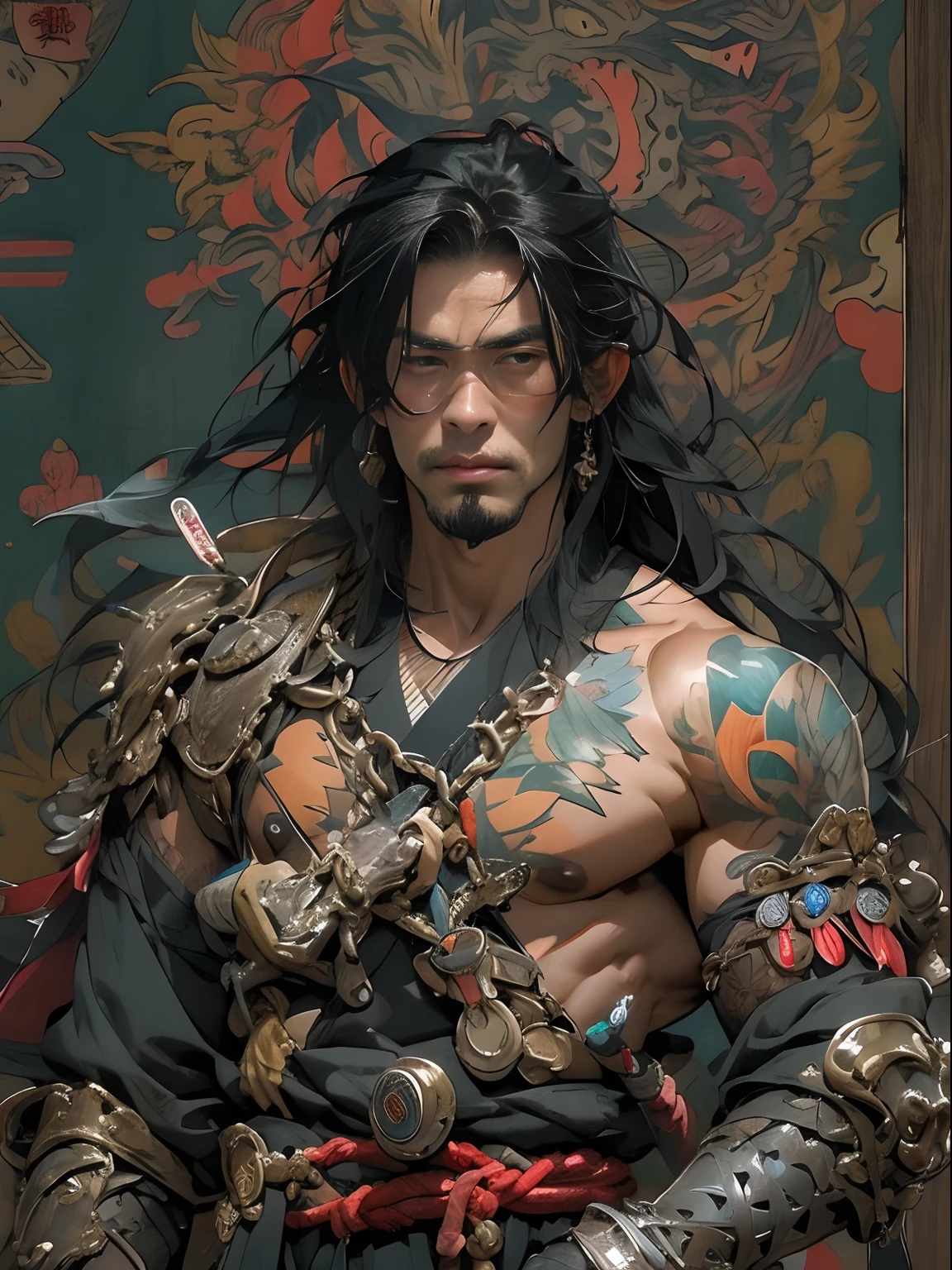 (((mtu))), (((best qualityer))), (((tmasterpiece))), (((AS-Adult))), ((( Japanese ))), Look up from your knees, Handsome Asian samurai,perfect body figure, Modern samurai, ((( Asian))), Wear gloves on your hands,The left arm is made of steel and metal tips,Made of protective devices, The eyes are pulled, (( Appears below the chest )), (( Small dental floss )), Simon Bisley, Almost naked(Simon Bisley)Castle City Wilderness,For high-resolution posters, hair straight, Minimum clothing, armure (Crazy clothes ), Full of tips and rivets, tribal tattoos, (((full bodyesbian))), Straight brunette hair,Colored hair ends