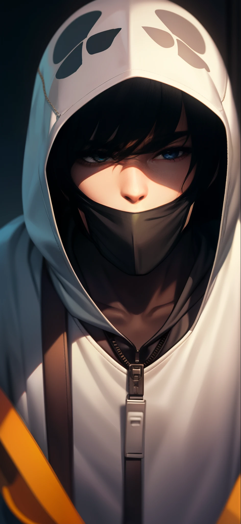 a close up of a person in a black hoodie with a mask, skull, skull mask, solo, mask, hood, 1boy, hood up, male focus