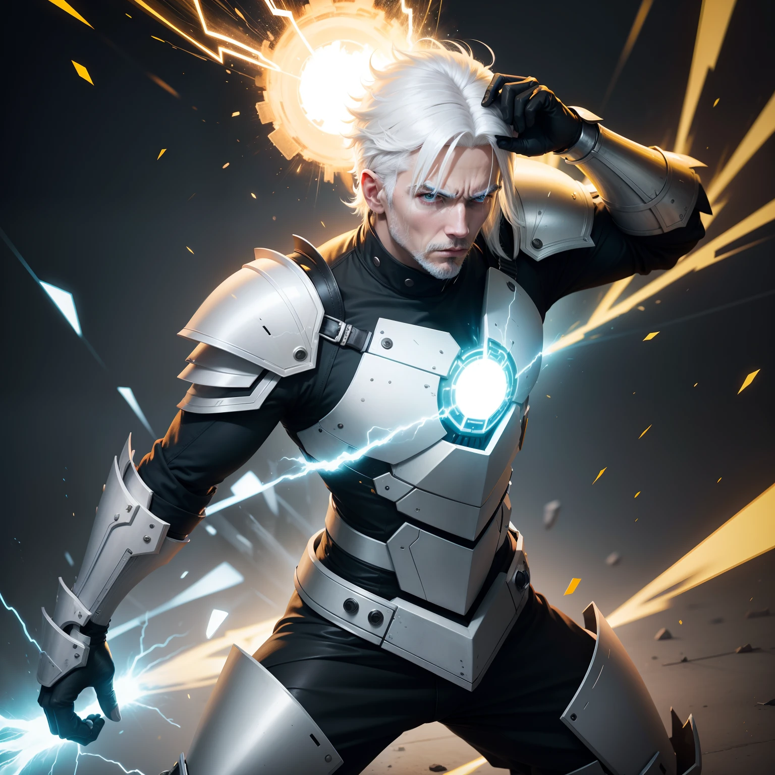 White haired man using an modern armor, fighting with yellow electric sparks