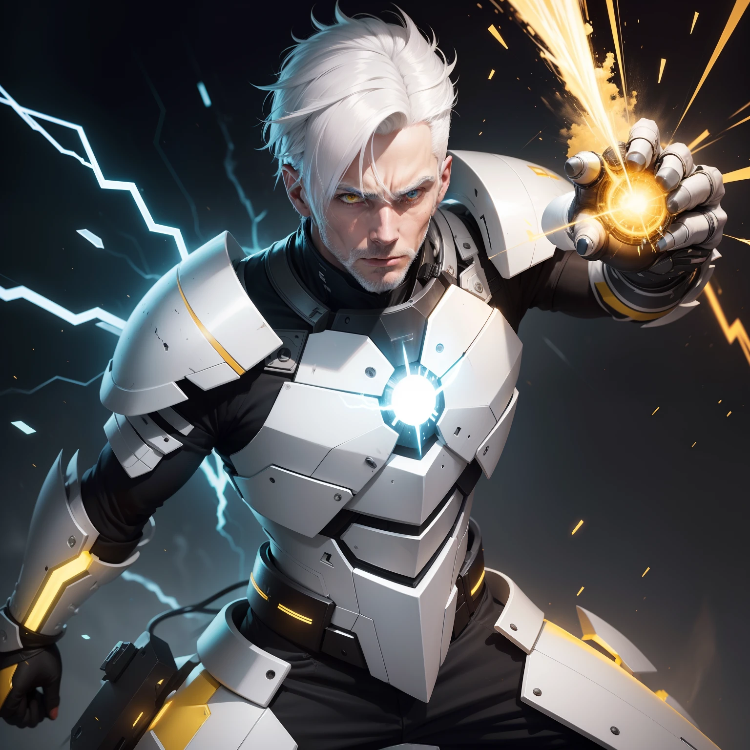 White haired man using an modern armor, fighting with yellow electric sparks