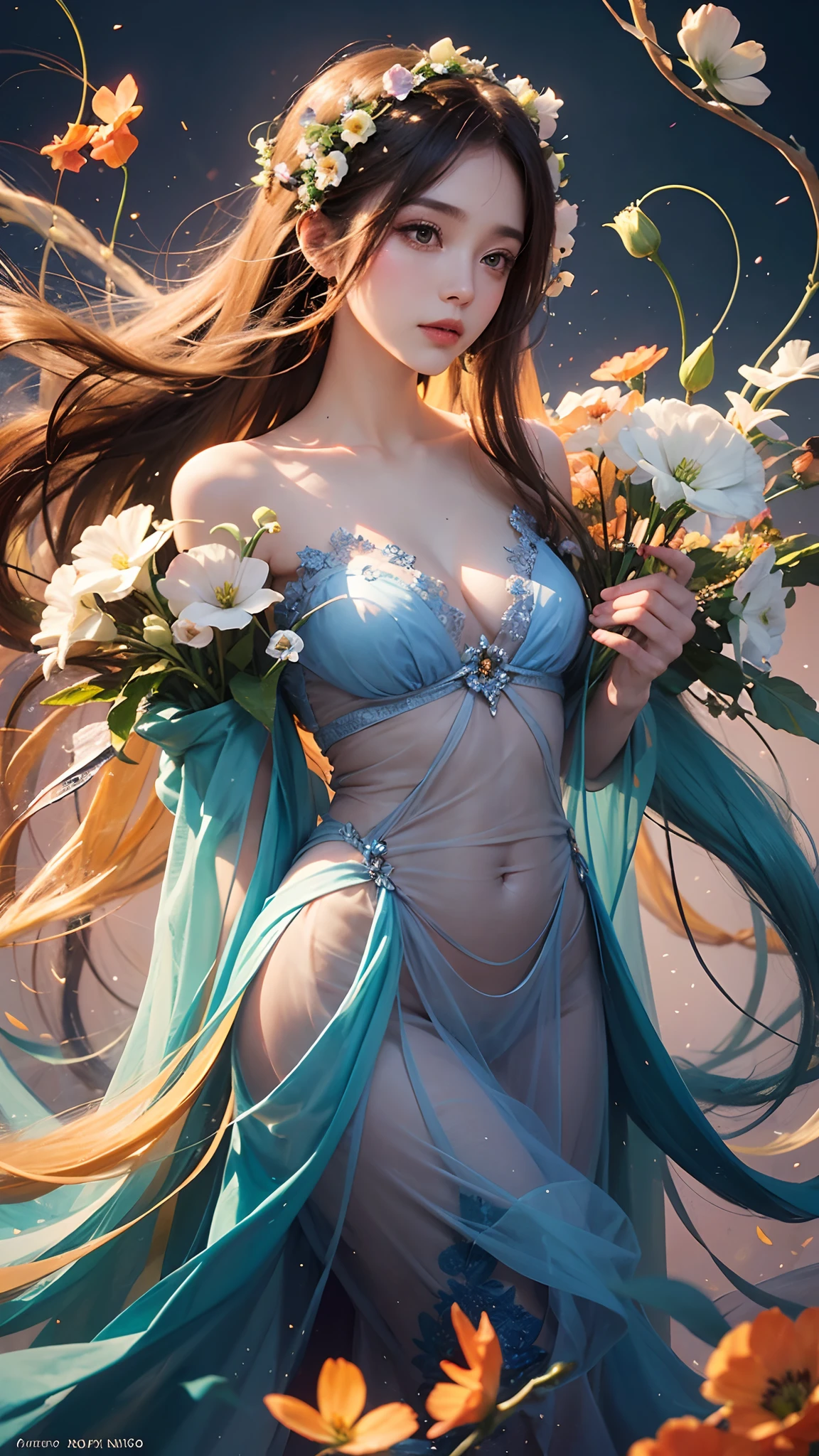 1girl, long hair, flower, Lisianthus, in the style of orange and light azure, dreamy and romantic compositions, orange, ethereal foliage, playful arrangements, fantasy, high contrast, ink strokes, explosions, over exposure, orange and blue tone impression, abstract, attractive pose,