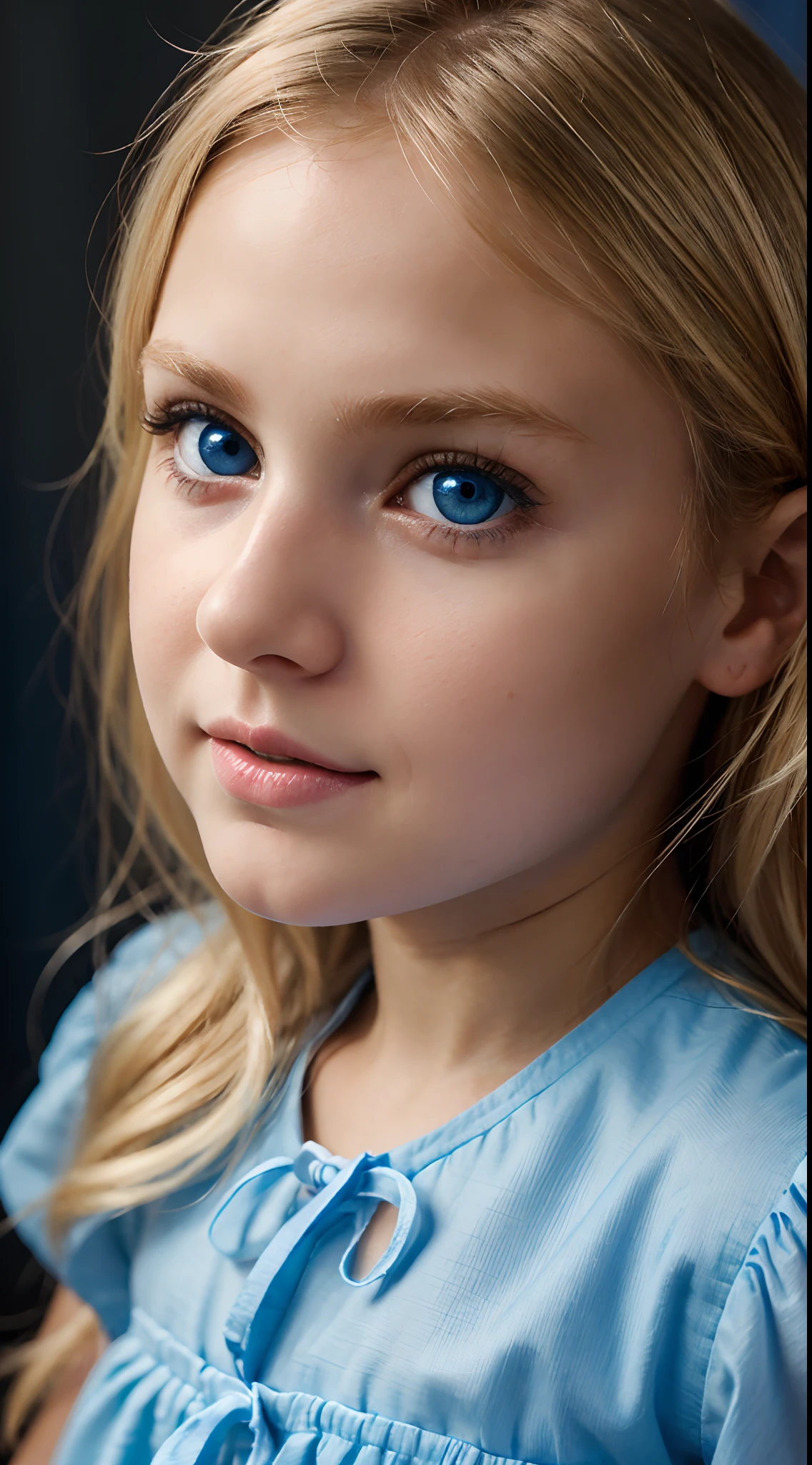 A six-year-old blonde girl with blue eyes in transparent clothes 