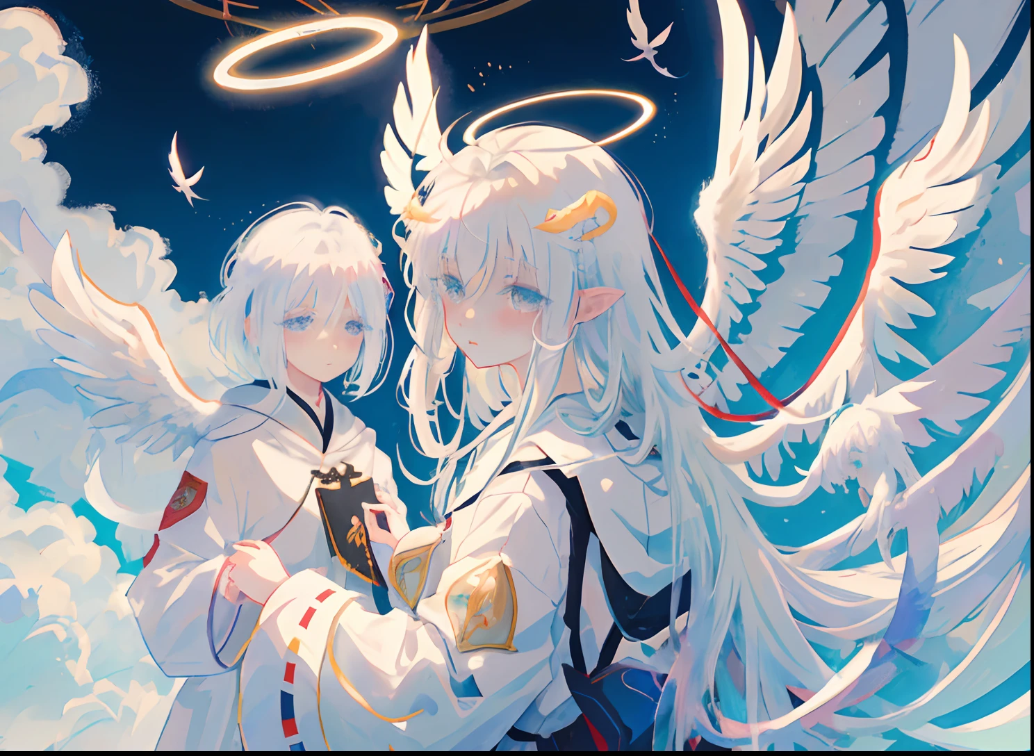 Anime girl with angel wings and halo on head, white haired god, ethereal anime, Pale Young Ghost Girl,soft light misty yoshitaka amano, Michael Carta, Yoshitaka Amano Vibe, bastien yoshitaka amano, Yoshitaka Amano realistic, style of yoshitaka amano, Yoshitaka Amano Greg Rutkowski