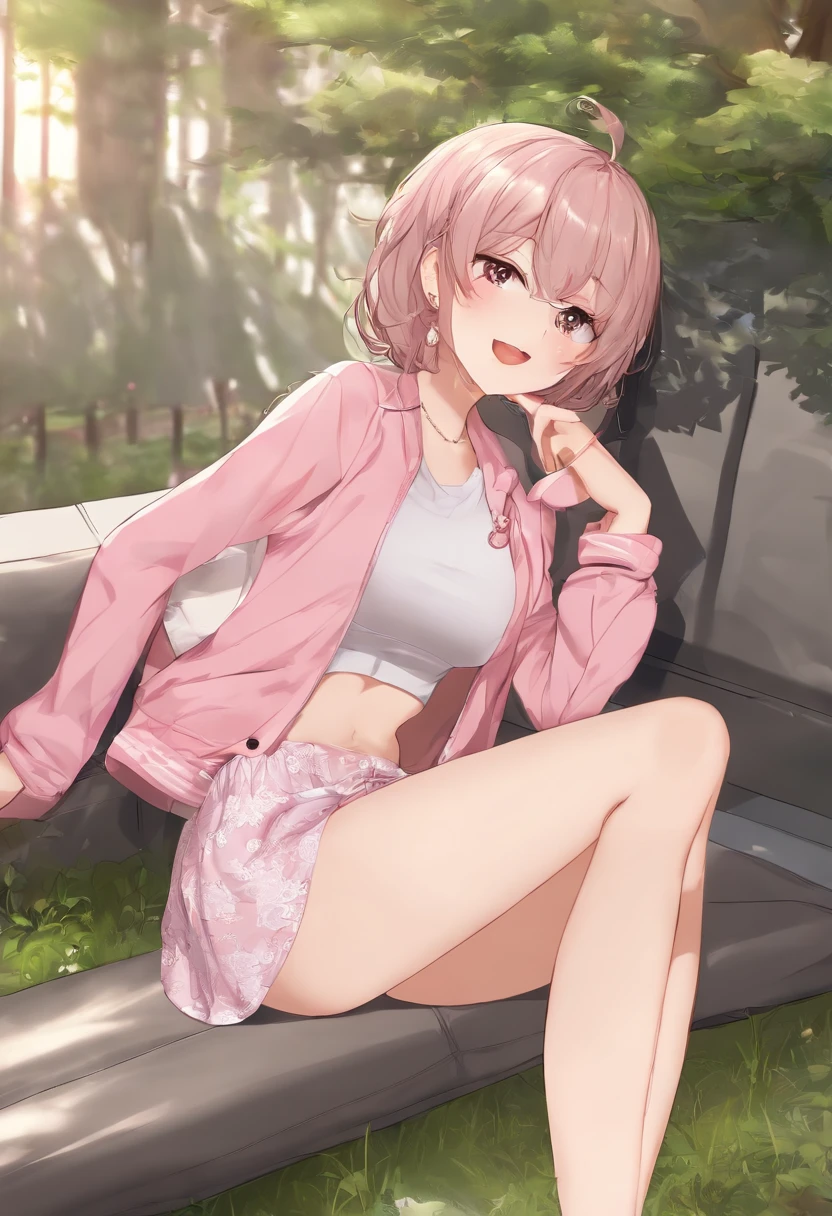 masterpiece, best quality, highres, 1girl, 1boy, old man, (hetero:1.2), arms behind head, hand in panties, spread legs, lace panties, gotou1, gotou hitori, solo, skirt, pink jacket, track jacket, bangs, hair between eyes, long sleeves, large breasts, socks, loafers, (shaded face:1.1), surprised,