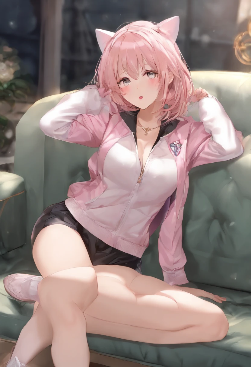 masterpiece, best quality, highres, 1girl, 1boy, old man, (hetero:1.2), arms behind head, hand in panties, spread legs, lace panties, gotou1, gotou hitori, solo, skirt, pink jacket, track jacket, bangs, hair between eyes, long sleeves, large breasts, socks, loafers, (shaded face:1.1), surprised,