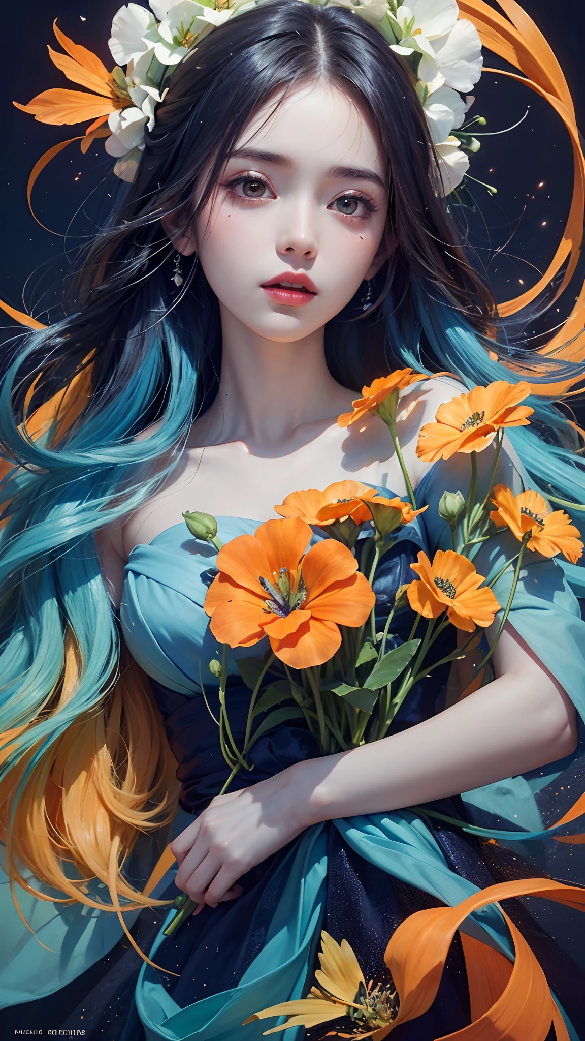 1girl, long hair, flower, Lisianthus, in the style of orange and light azure, dreamy and romantic compositions, orange, ethereal foliage, playful arrangements, fantasy, high contrast, ink strokes, explosions, over exposure, orange and blue tone impression, abstract, attractive pose,