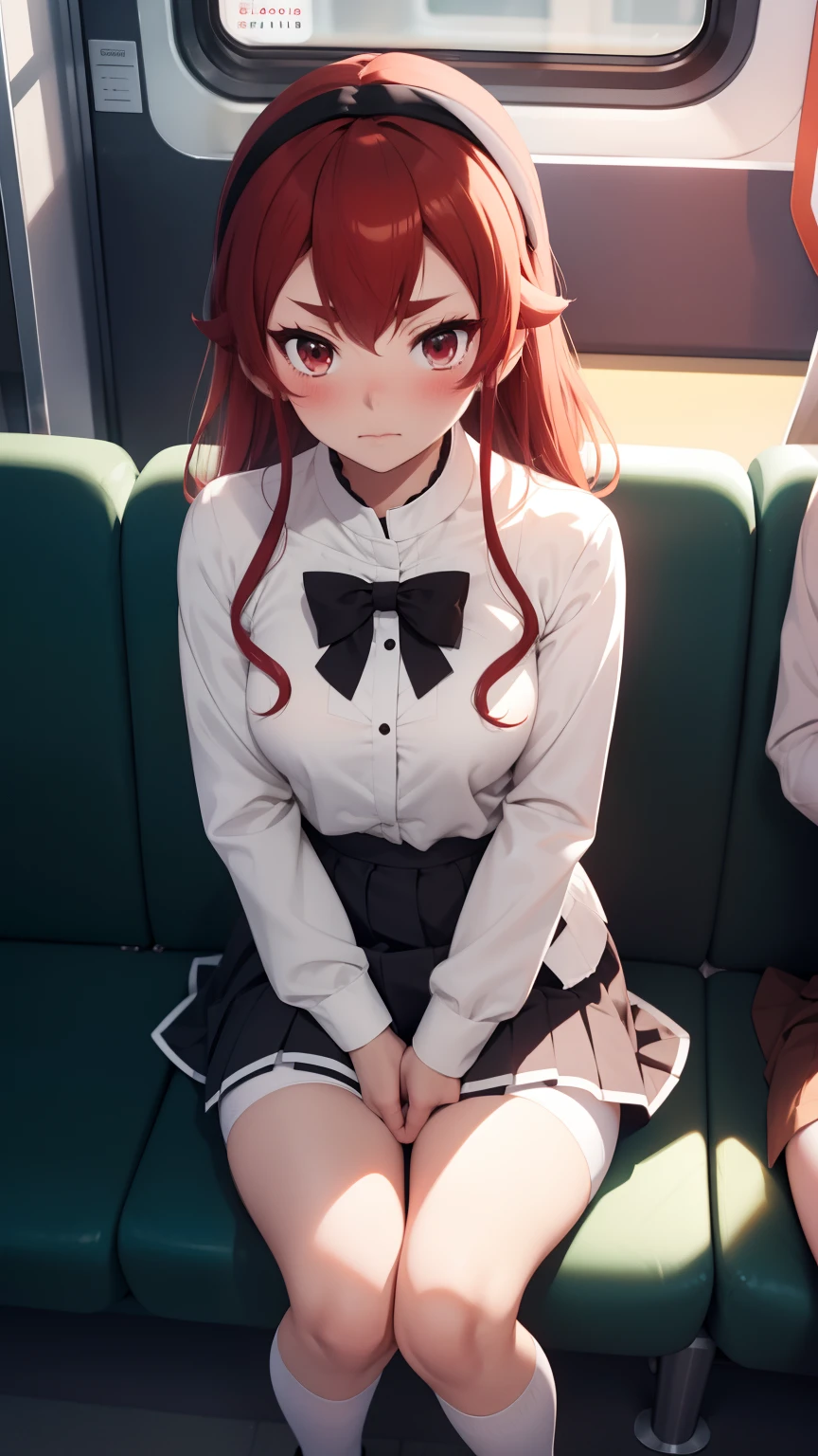 embarrassed, blushing, shows white panties,white stockings, lifts her skirt with one hand, panties peeking out from under your skirt., spread-legged position in train seat, knees apart, red hair,  　school  uniform　mini-skirts　Hi-Res　1girl in　Cute anime illustration