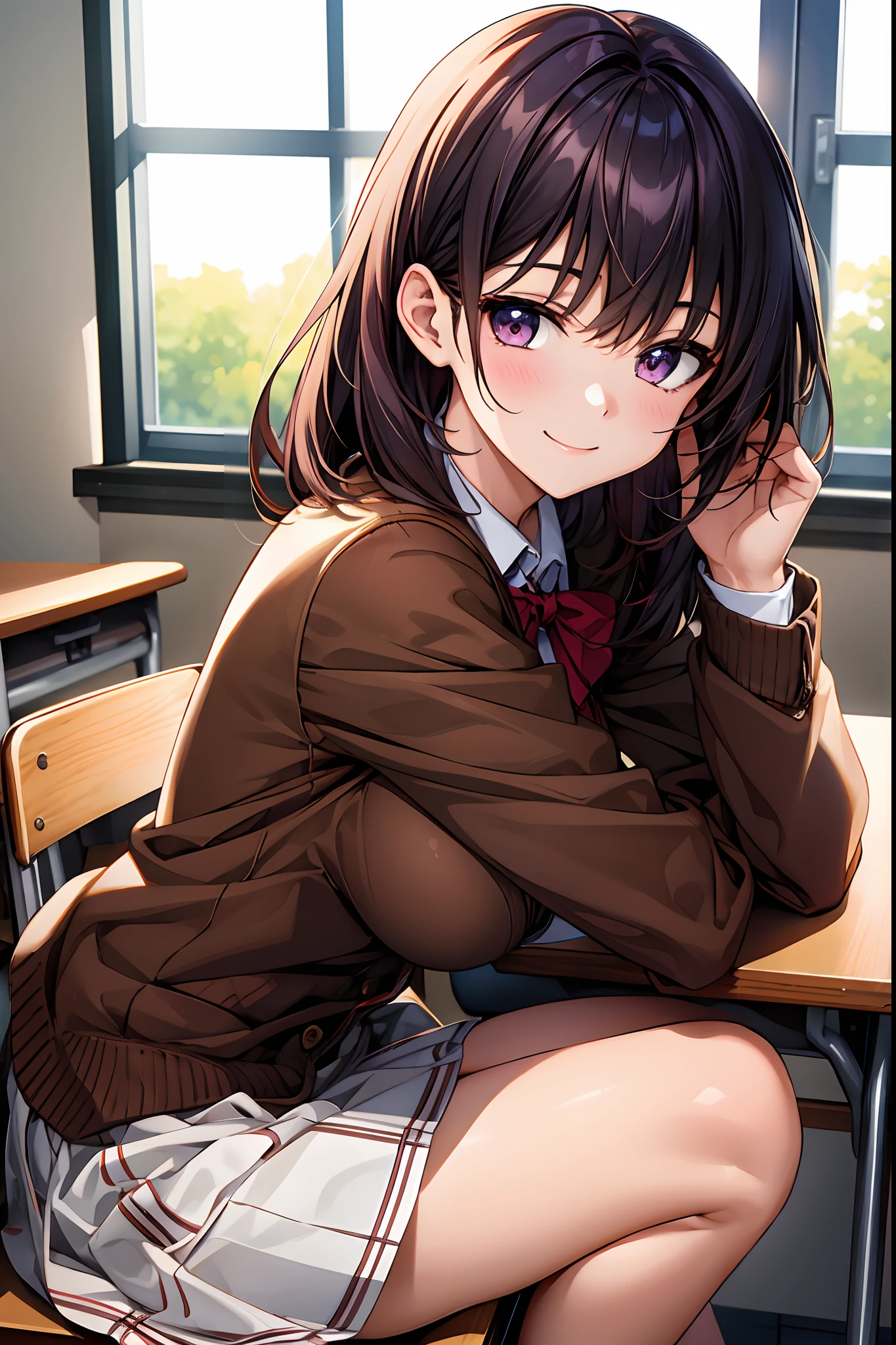 masterpiece,Best Quality,(ultra-detailliert:1.2),
Beautiful eyes,Beautiful hair,Beautiful face,Beautiful skin,breast rest,smile,fearless smile,happy,fun,joyful,sitting,on chair,PovSideClass,indoors,chair,desk,classroom,school desk,window,dynamic angle,from side,
1girl,Ultra-detailed shiny hair,medium hair,((bister hair)),((chocolate eyes)),
Large breasts,slender,kawaii,Cute,
School uniform,Blazer,Cardigan,
(class room:1.1),