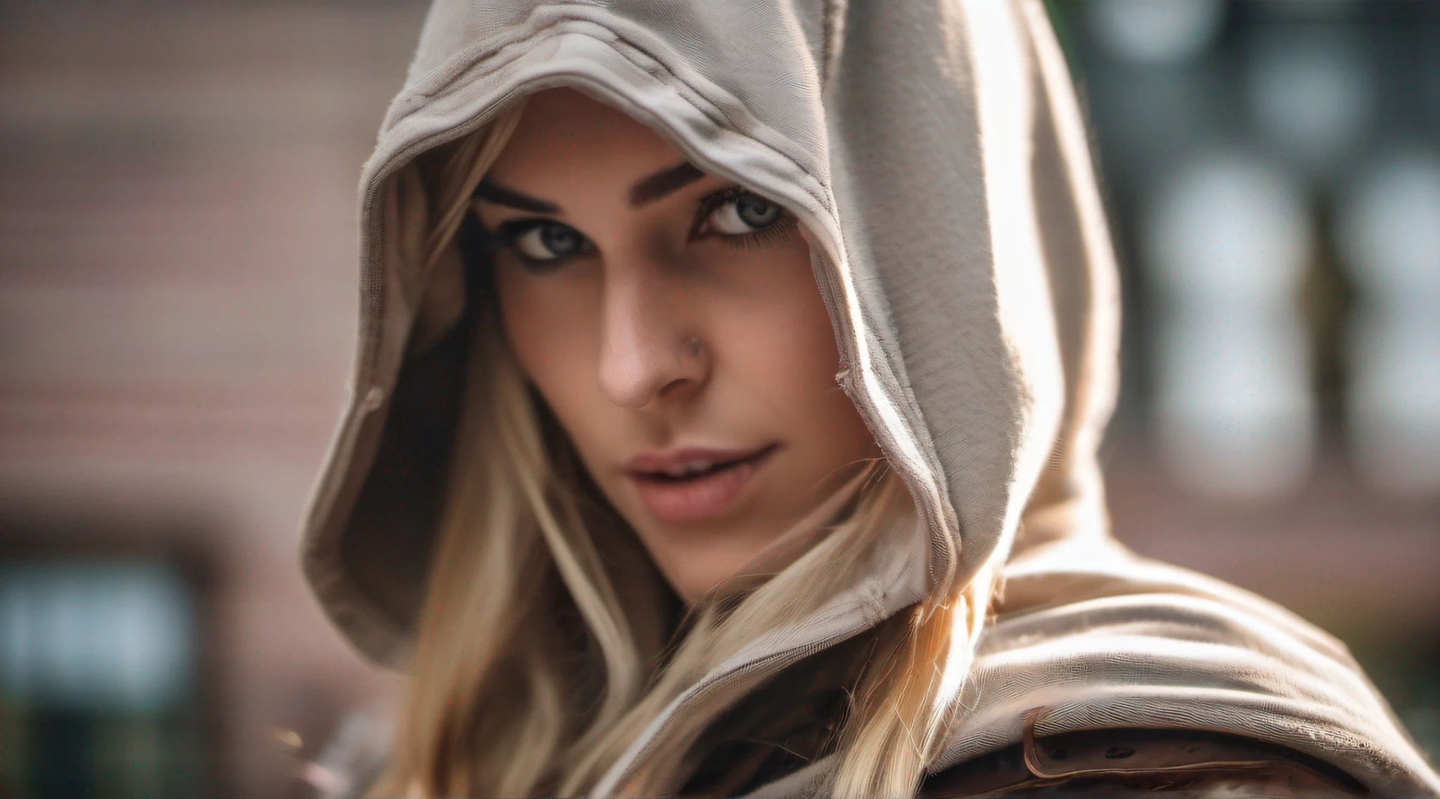 close-up, Cosplay of a blonde girl for the main character of the game Assassin's Creed in a hood, Nikon D750, 32k, Megapixel, HDR, Leica 50mm lens, Kodak Portra 800 film
