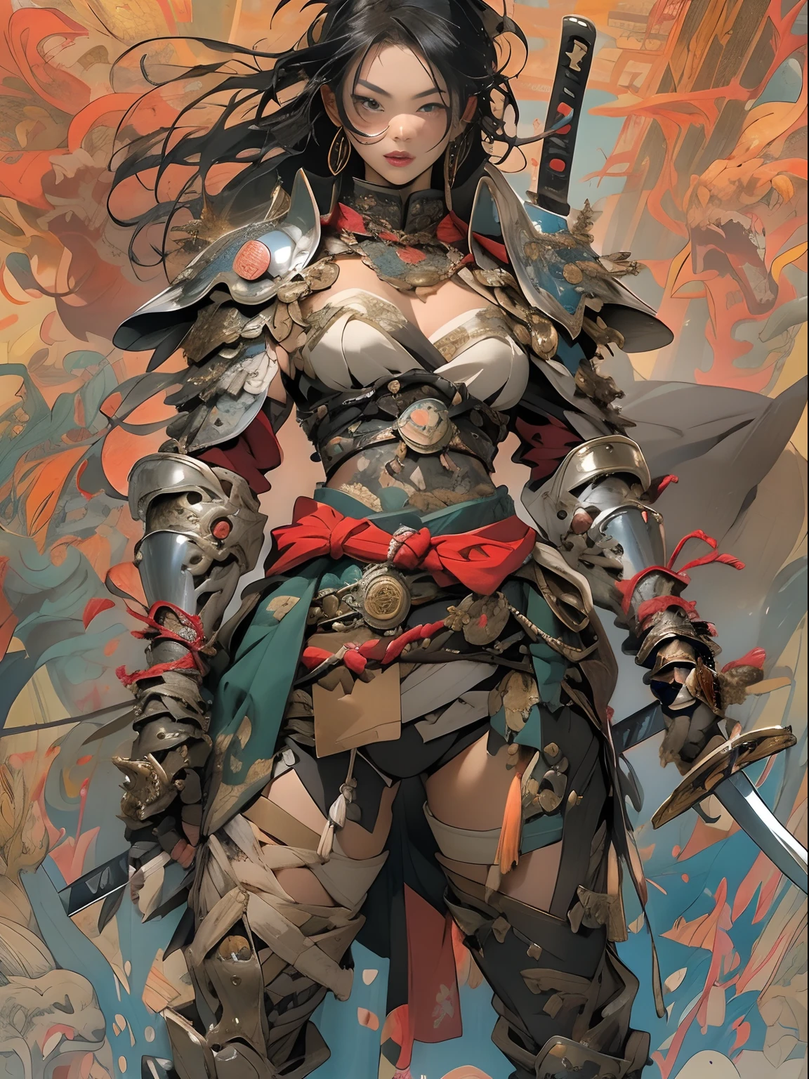 (((woman))), (((best qualityer))), (((tmasterpiece))), (((AS-Adult))), ((( Japanese ))), Look up from your knees, A beautiful asian samurai woman with perfect body, Modern samurai, ((( Asian))), Wear gloves on your hands,The left arm is made of steel and metal tips,Made of protective devices, The eyes are pulled, (( Appears below the breast )), (( Small dental floss )), Simon Bisley, Almost naked(Simon Bisley)Castle City Wilderness,For high-resolution posters, hair straight, Minimum clothing, armure (Crazy clothes ), Full of tips and rivets, tribal tattoos, (((full bodyesbian))), Straight brunette hair,Colored hair ends