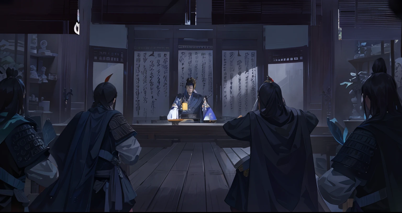 The emperor and his guards were in a room with a table, author:Han Gan, author:Li Zai, robed figures sat around a table, concept art scene, author:Fan Qi, author:Chen Jiru, author:Shitao, chinese three kingdoms, confucius and jury trial, by Yang J, by Ni Yuanlu, by Xuande Emperor
