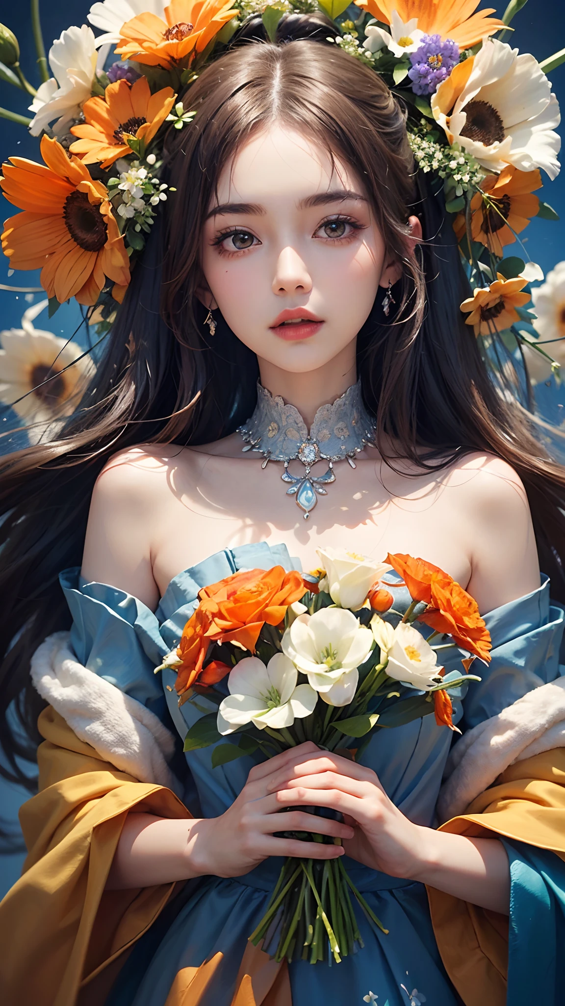 1girl, long hair, flower, Lisianthus, in the style of orange and light azure, dreamy and romantic compositions, orange, ethereal foliage, playful arrangements, fantasy, high contrast, ink strokes, explosions, over exposure, orange and white tone impression, abstract, attractive pose,