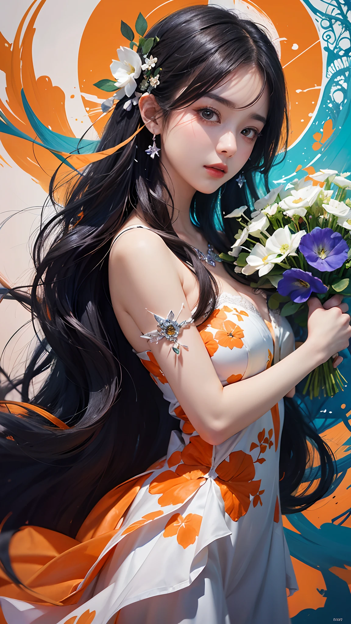 1girl, long hair, flower, Lisianthus, in the style of orange and light azure, dreamy and romantic compositions, orange, ethereal foliage, playful arrangements, fantasy, high contrast, ink strokes, explosions, over exposure, orange and white tone impression, abstract, attractive pose,