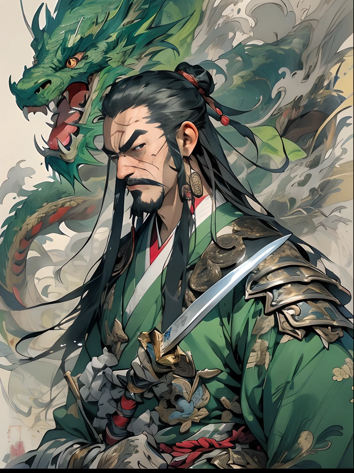(((China-style,Ink painting method,Half-length portrait,Intense color,Han dynasty, China,Hanfu,Armor,Guan yu,Guan Yunchang,of a guy,Ruddy killing square face,Hold the Blue Dragon Moon Knife in his right hand,Stroke your beard with your left hand,Long hair,petty eyes,Green robe))), (((best qualityer))), (((tmasterpiece))), (((AS-Adult))), ((( Japanese ))), Look up from your knees, Handsome Asian samurai,perfect body figure, Modern samurai, ((( Asian))), Wear gloves on your hands,The left arm is made of steel and metal tips,Made of protective devices, The eyes are pulled, (( Appears below the chest )), (( Small dental floss )), Simon Bisley, Almost naked(Simon Bisley)Castle City Wilderness,For high-resolution posters, hair straight, Minimum clothing, armure (Crazy clothes ), Full of tips and rivets, tribal tattoos, (((full bodyesbian))), Straight brunette hair,Colored hair ends