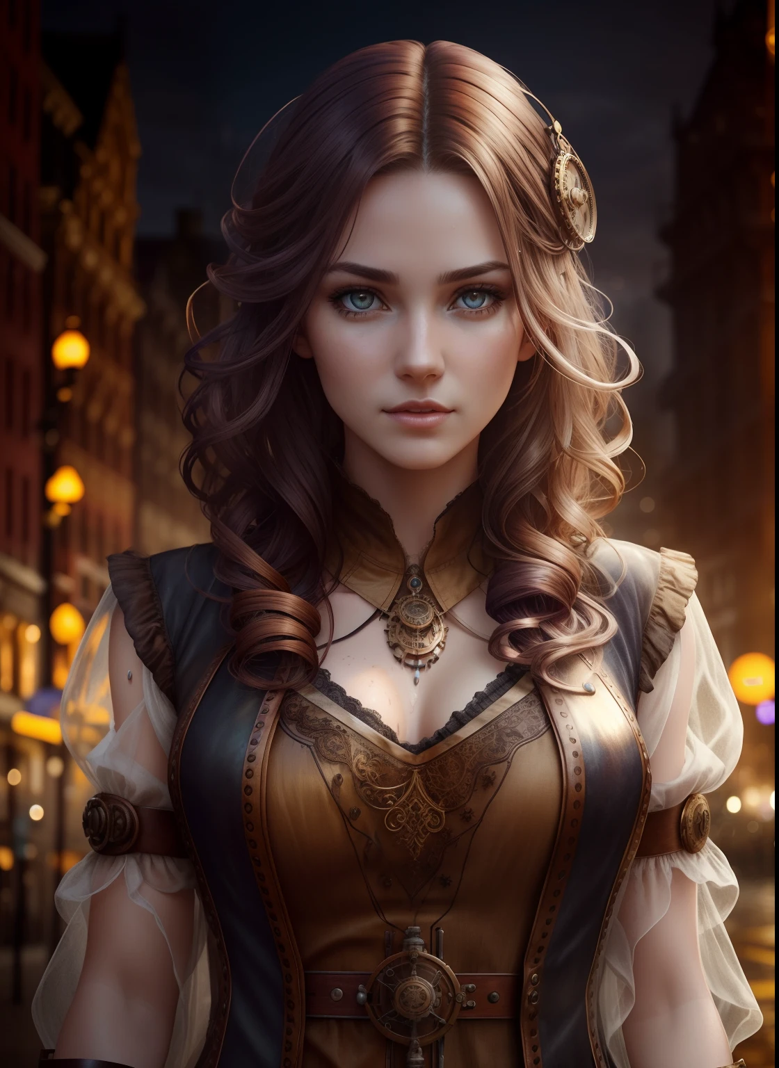 portrait photography, beautiful young steampunk woman with transparent western tunic dress, soaked, eyes visible through hair, proper eye position, natural skin, backlight, cinematic light, rim light, soft light , hips, in night time, city side background, detailed color graded background, intricate , highly detail, octane render, HD, 8k, by Annie Leibovitz