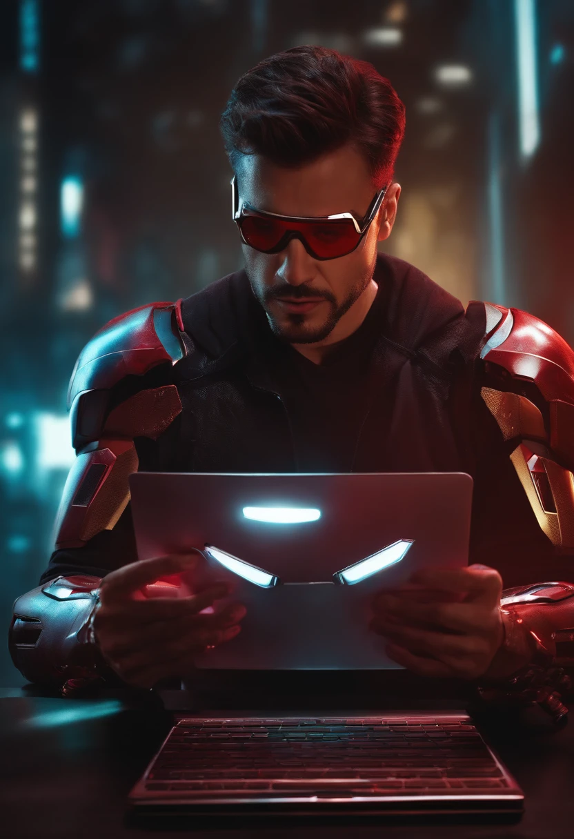 hacker cyberpunk, holding in your hands notebook, usando uma capa vermelha, wearing an iron man glasses, cinemactic, 4k