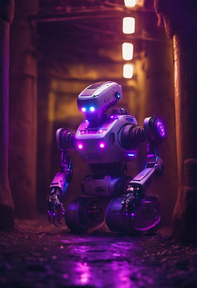 super technological 8k underground robot with lots of purple lights