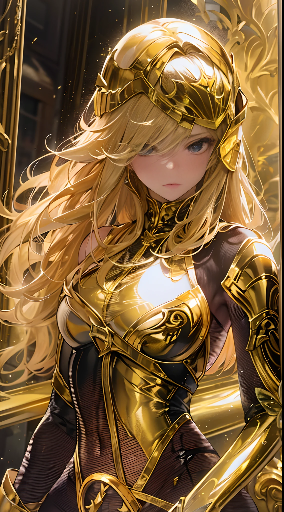 (best quality, highres, photorealistic: 1.37), tall girl wearing Gemini gold cloth, wearing a black tight suit inside the cloth, sexy figure in the golden cloth, holding the Gemini gold cloth helmet in her hand, the golden armor shining with golden light, the girl's long golden hair