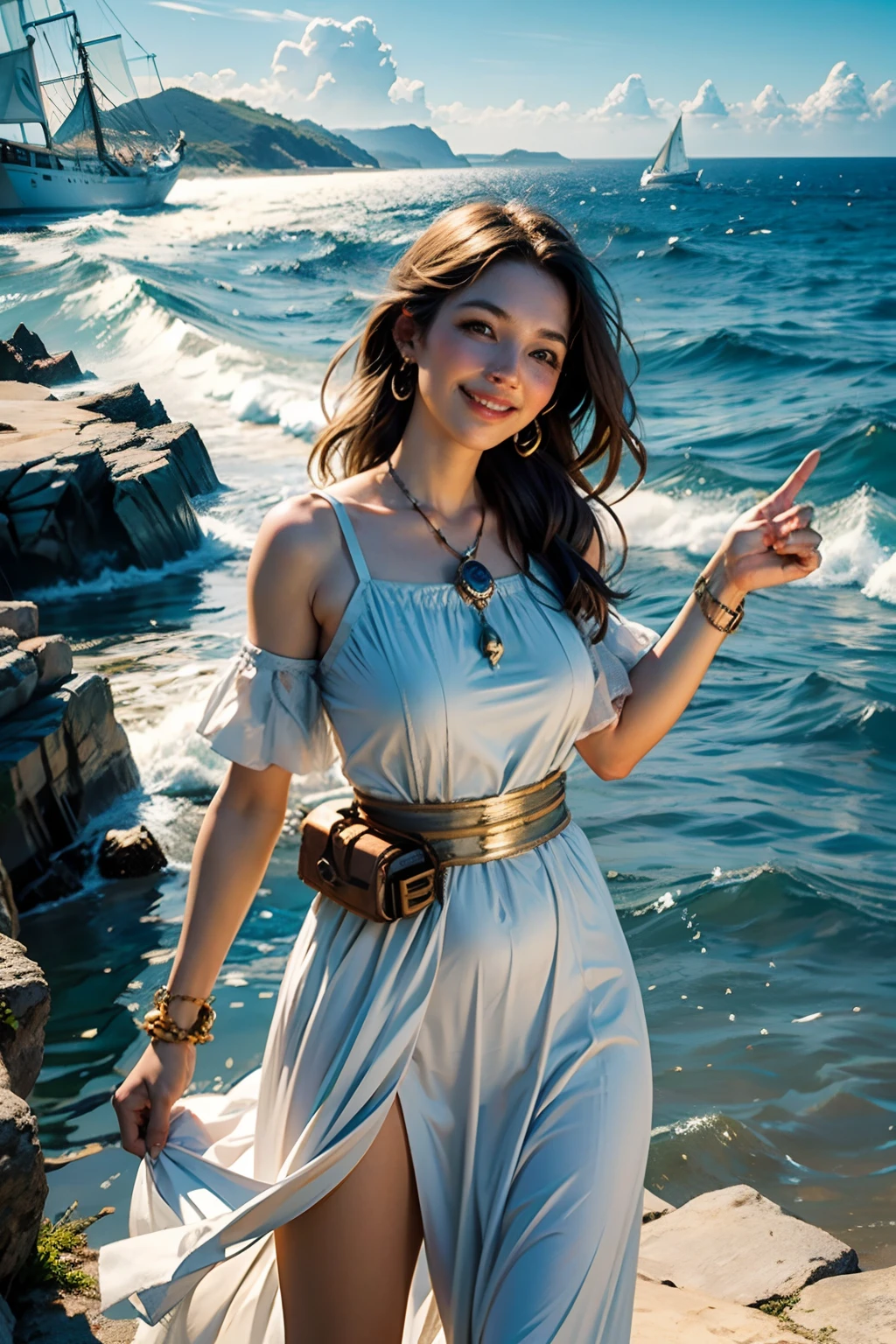 A woman who is a beautiful smiling Greek muse, pointing to a sailing ship on the horizon, background is ocean horizon, mood is inspirational, motivational, harmonious, revealing, daytime light, character design.