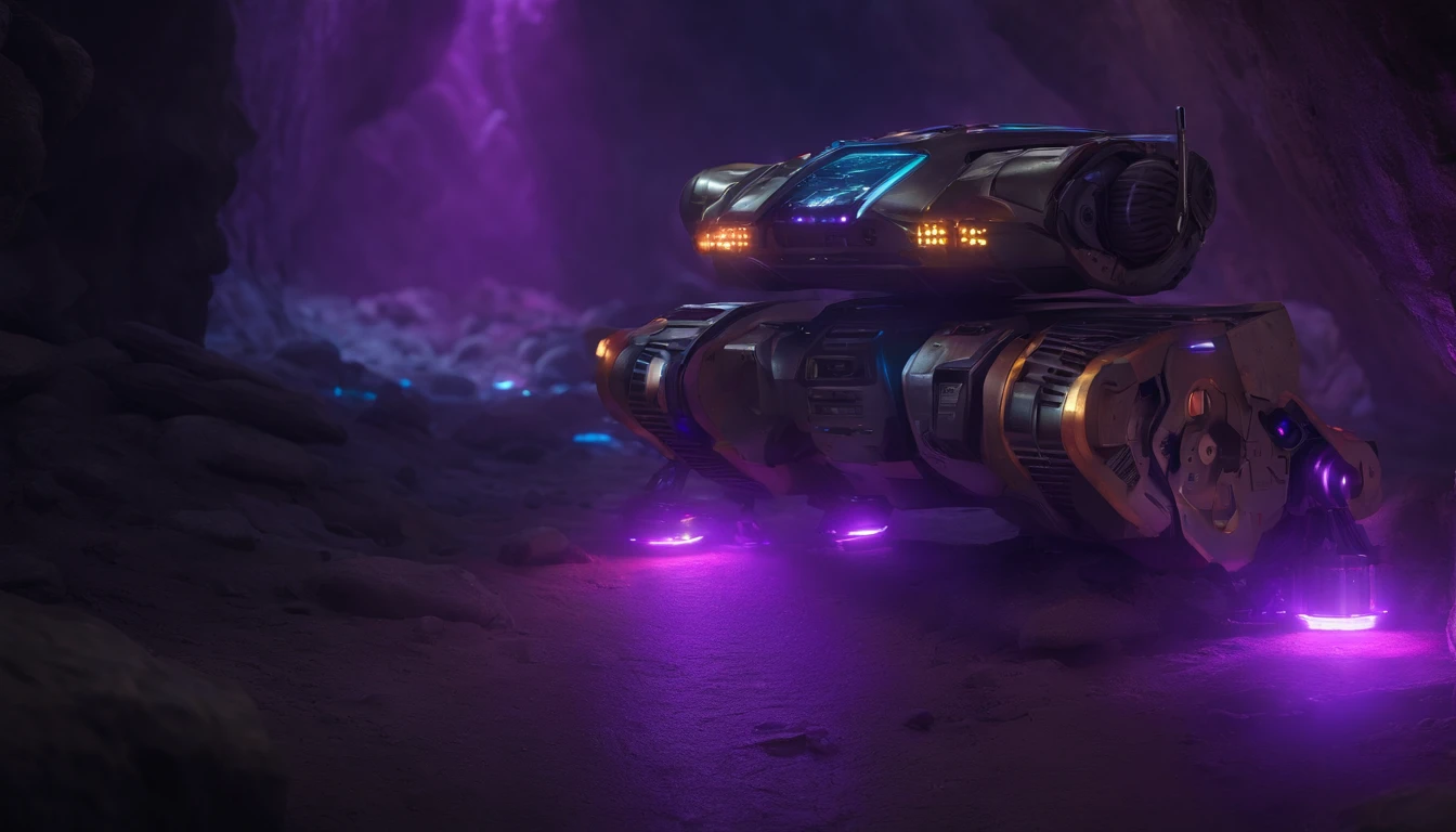 super technological 8k underground robot with lots of purple lights