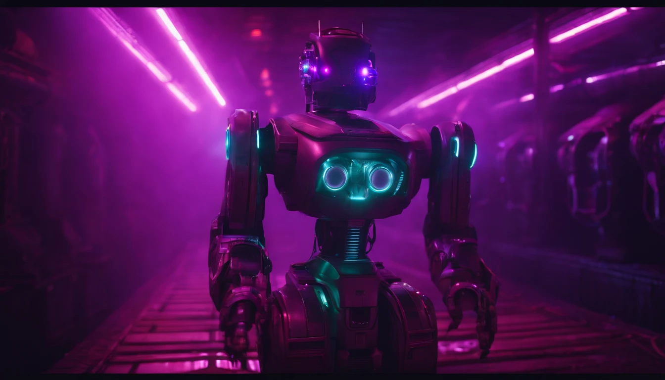super technological 8k underground robot with lots of purple lights