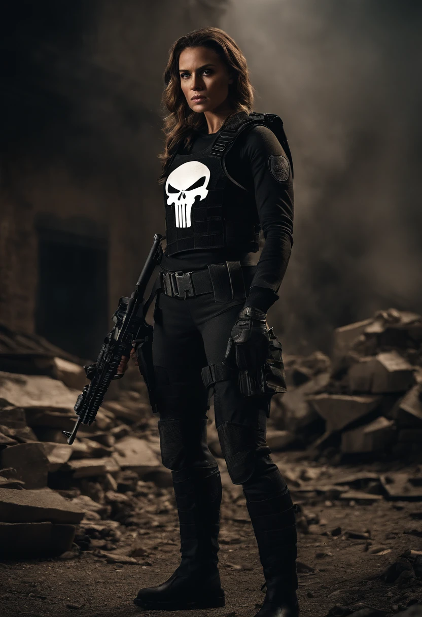 "(best quality,4k,8k,highres,masterpiece:1.2),ultra-detailed,(realistic,photorealistic,photo-realistic:1.37),portrait,semi-stylized,high contrast,gritty,monochrome,dark atmosphere,female version,The Punisher,skull logo,full body,standing,focused eyes,determined expression,fit physique,body armor,black leather jacket,bulletproof vest,combat boots,holding dual pistols,tactical gloves,background of demolished city ruins,smoke and debris,backlit with a single spotlight,dramatic lighting"