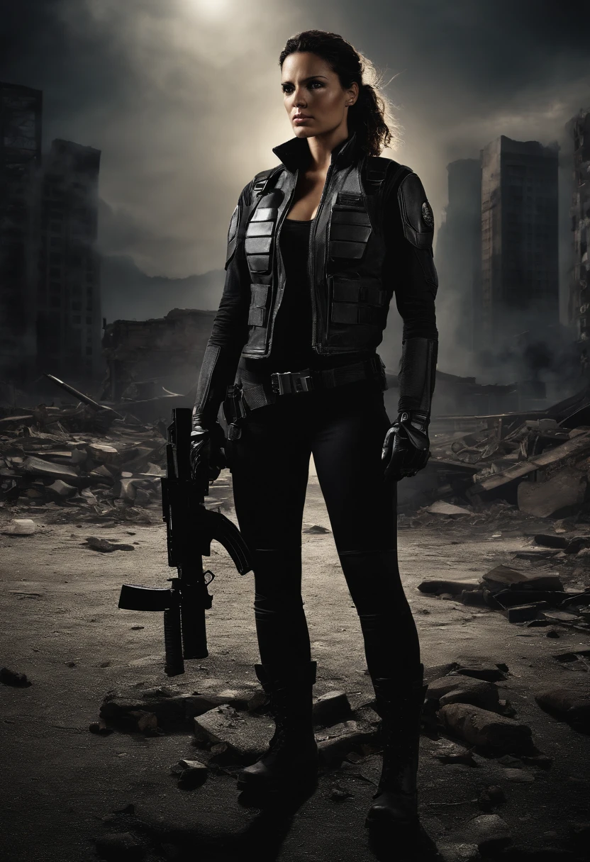 "(best quality,4k,8k,highres,masterpiece:1.2),ultra-detailed,(realistic,photorealistic,photo-realistic:1.37),portrait,semi-stylized,high contrast,gritty,monochrome,dark atmosphere,female version,The Punisher,skull logo,full body,standing,focused eyes,determined expression,fit physique,body armor,black leather jacket,bulletproof vest,combat boots,holding dual pistols,tactical gloves,background of demolished city ruins,smoke and debris,backlit with a single spotlight,dramatic lighting"