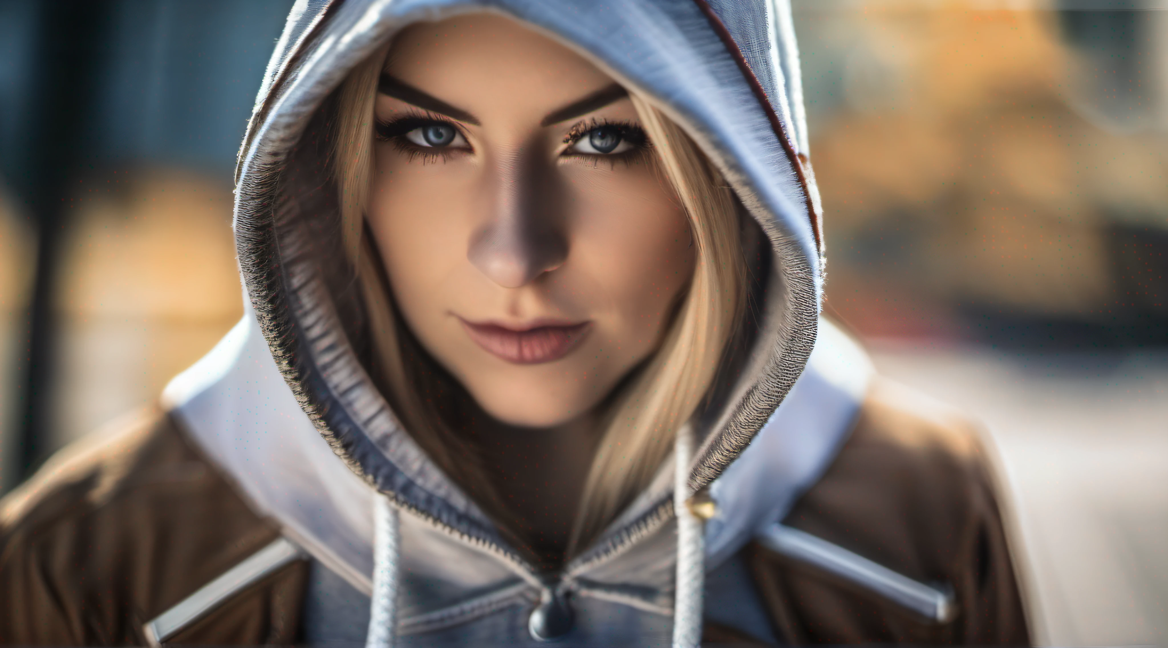 close-up, Cosplay of a blonde girl for the main character of the game Assassin's Creed in a hood, Nikon D750, 32k, Megapixel, HDR, Leica 50mm lens, Kodak Portra 800 film