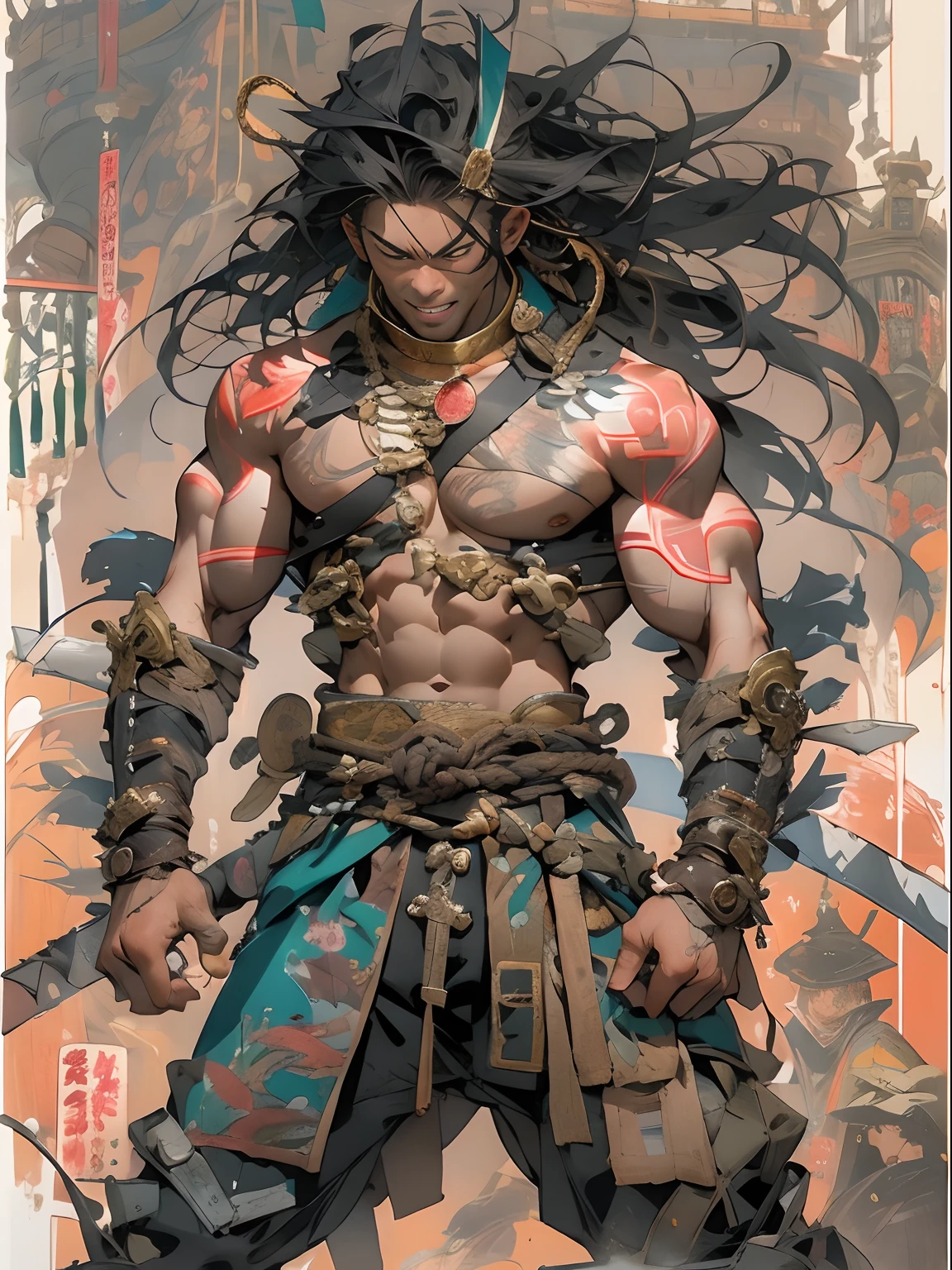(((mtu))), (((best qualityer))), (((tmasterpiece))), (((AS-Adult))), ((( Japanese ))), Look up from your knees, Handsome Asian samurai，perfect body figure, Modern samurai, ((( Asian))), Wear gloves on your hands，The left arm is made of steel and metal tips，Made of protective devices, The eyes are pulled, (( Appears below the chest )), (( Small dental floss )), Simon Bisley, Almost naked（Simon Bisley）Castle City Wilderness，For high-resolution posters, hair straight, Minimum clothing, armure (Crazy clothes ), Full of tips and rivets, tribal tattoos, (((full bodyesbian))), Straight brunette hair，Colored hair ends